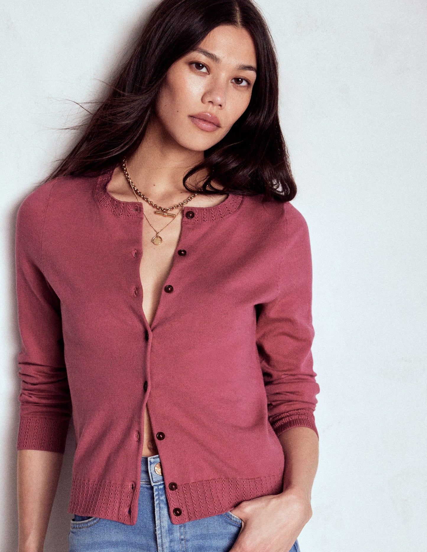 Emilia Cotton Crew Cardigan-Pink Heather