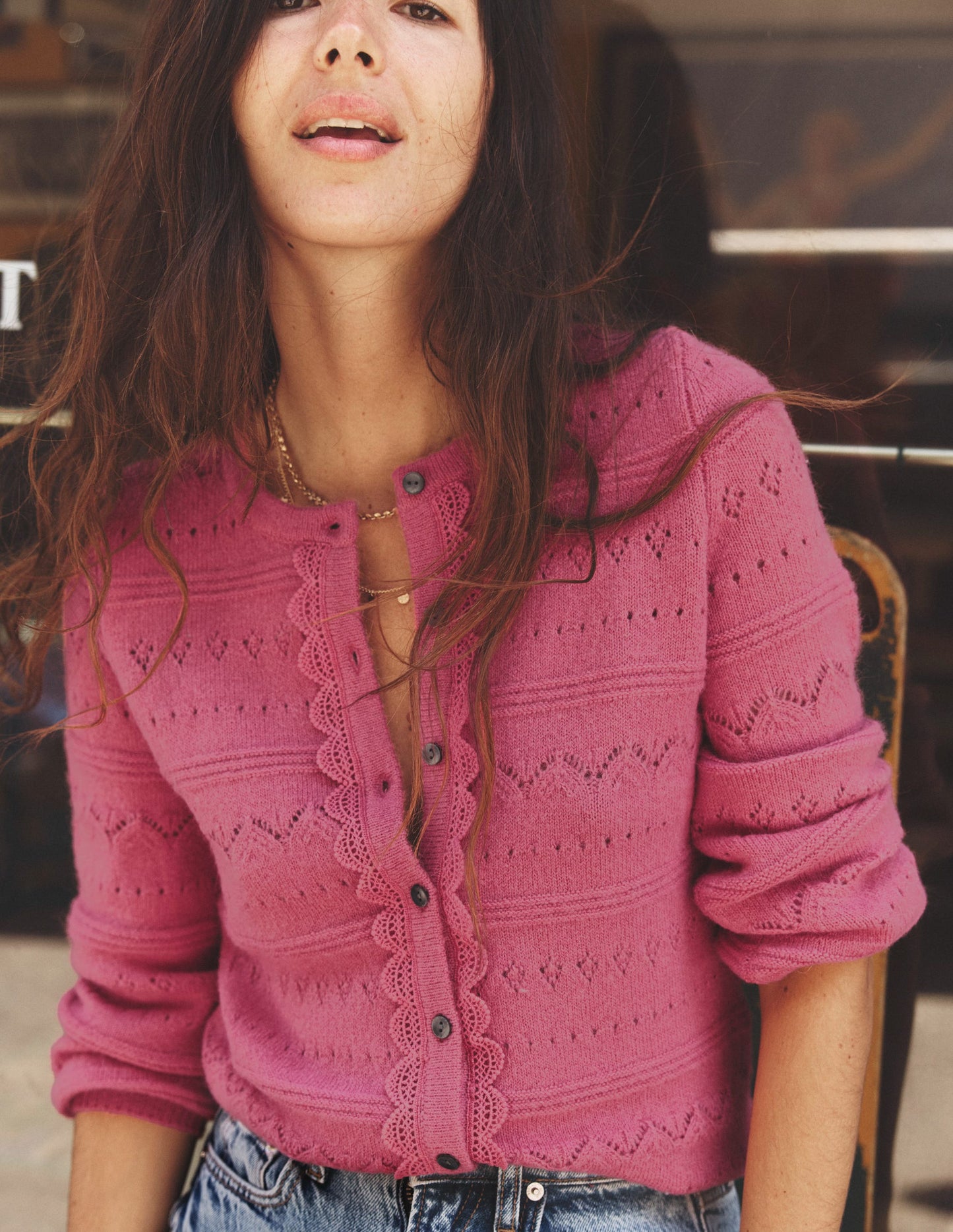 Leticia Lace Trim Cardigan-Rose Pink