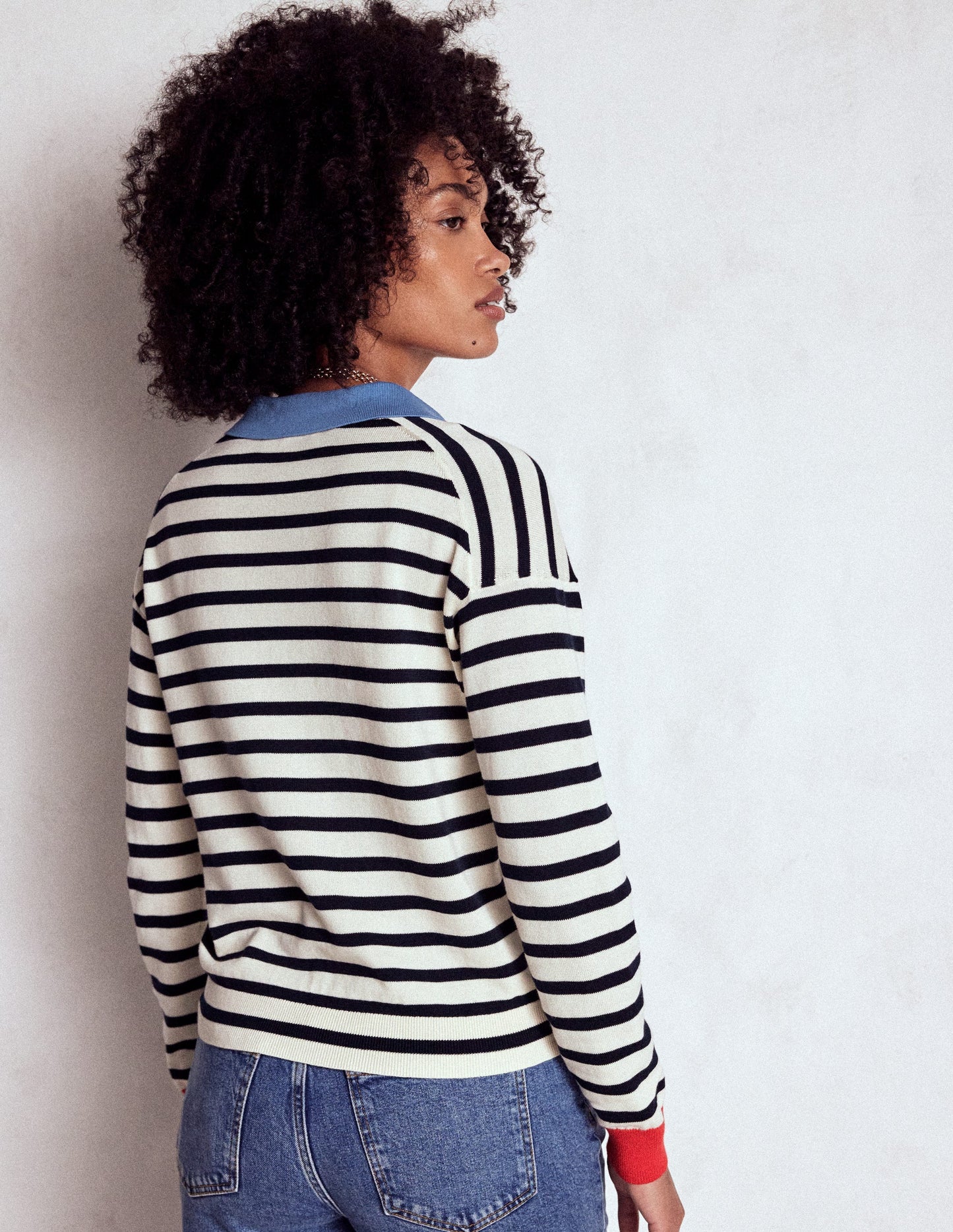 Lara Relaxed Cotton Henley Top-Navy, Warm Ivory Stripe