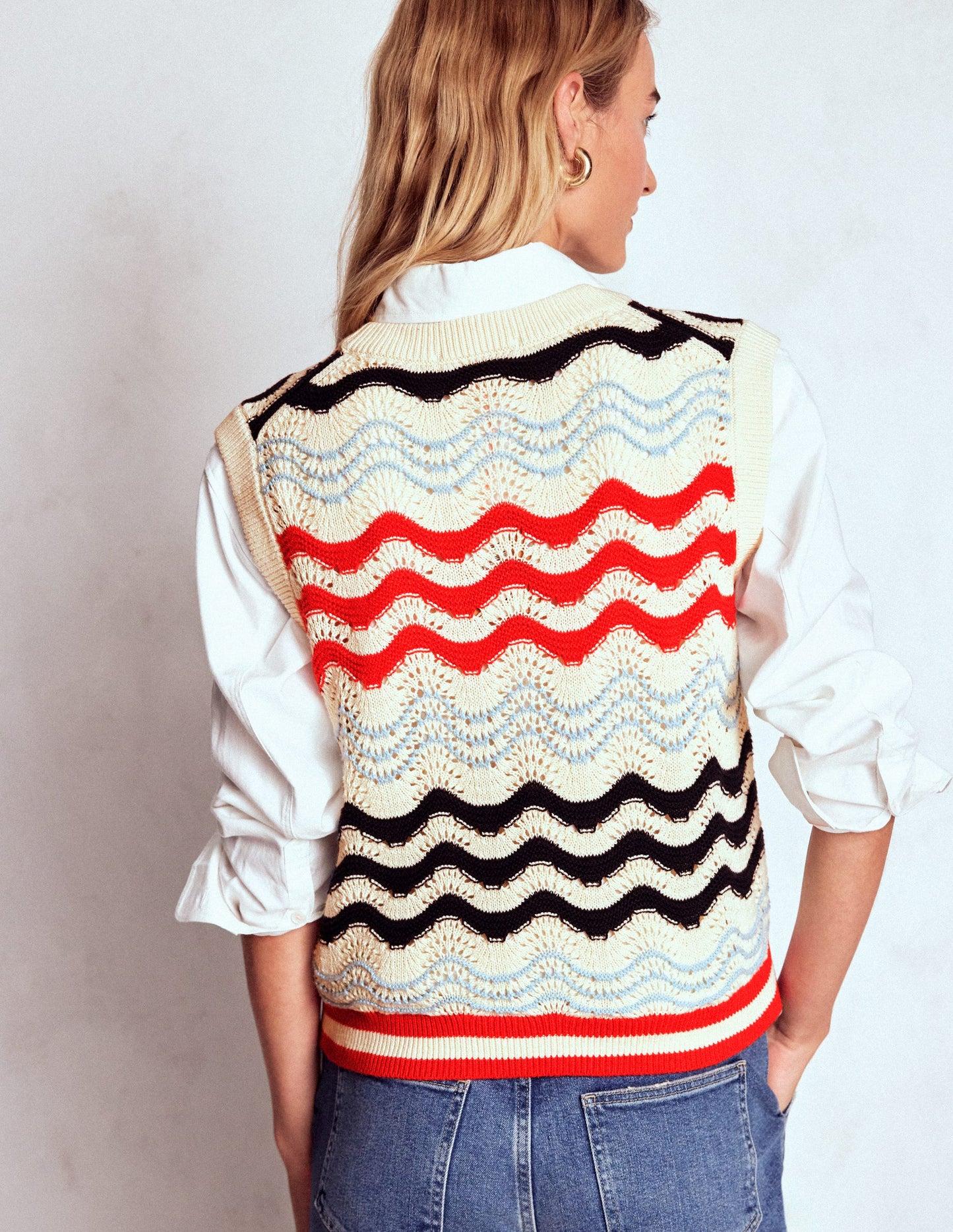 Cotton Wave Tank-Navy/ Red Textured Wave