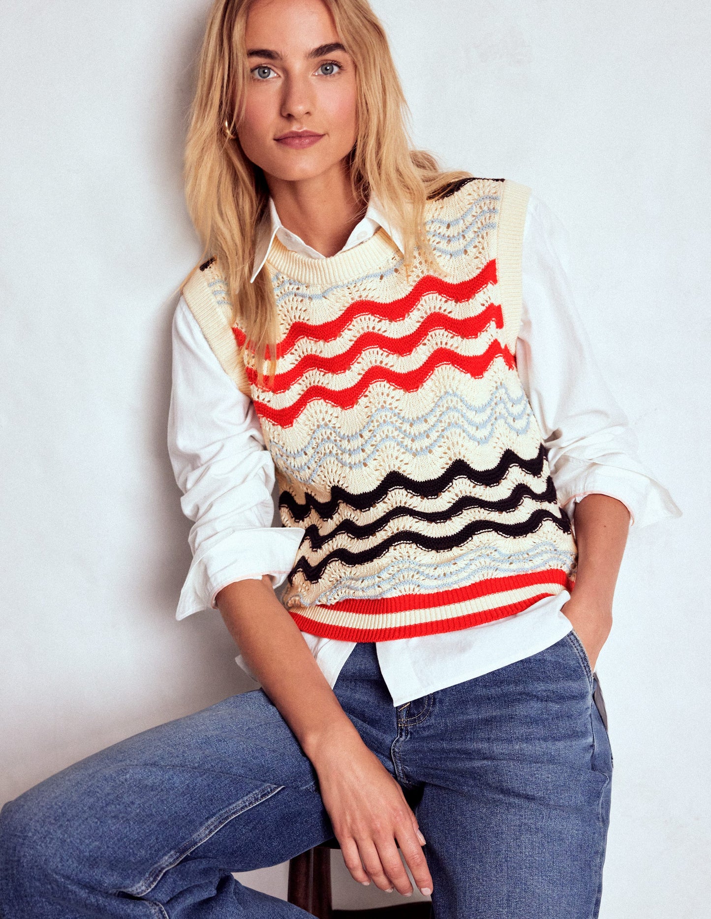 Cotton Wave Tank-Navy/ Red Textured Wave