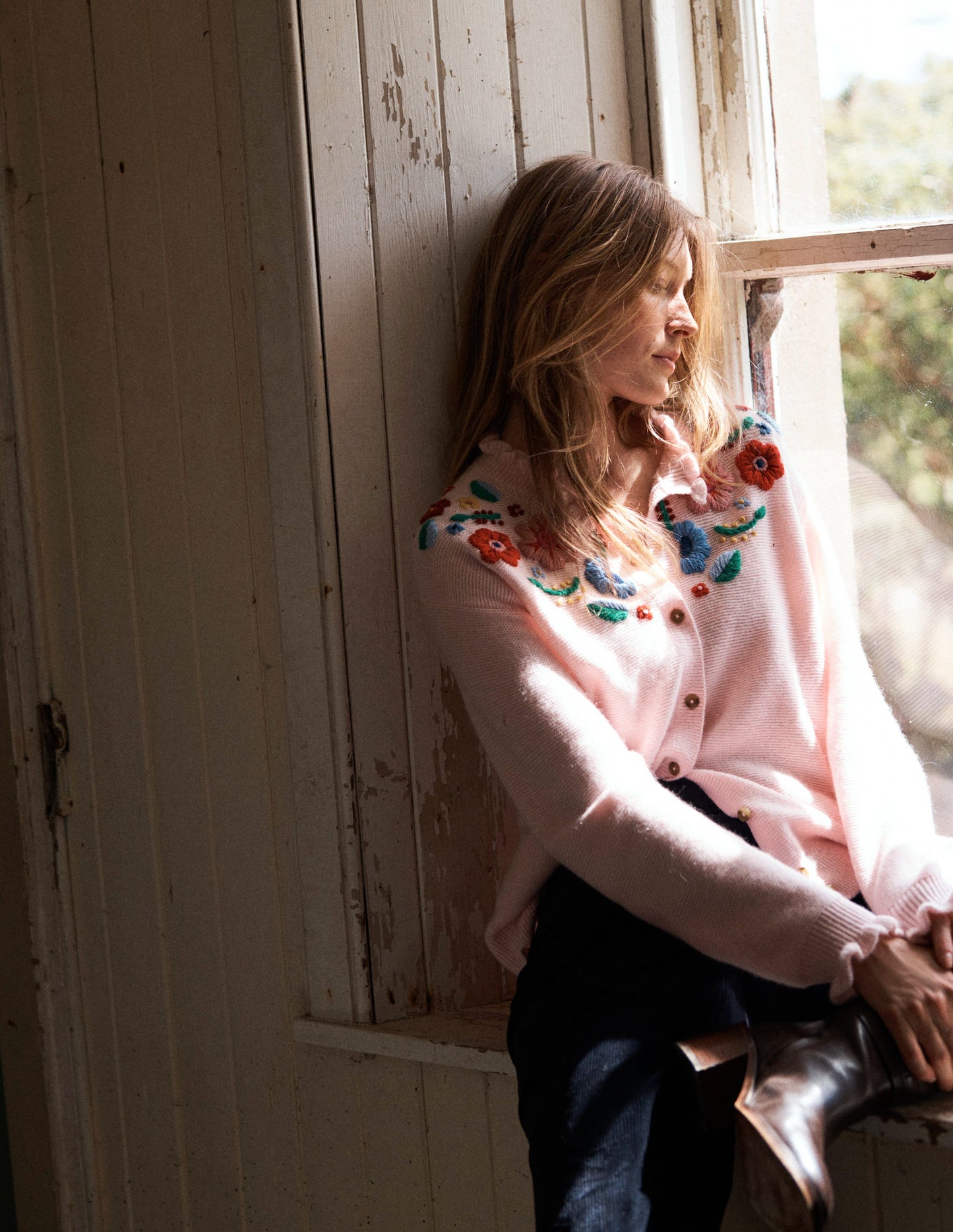 Embroidered Frill Cardigan-Blooming Pink
