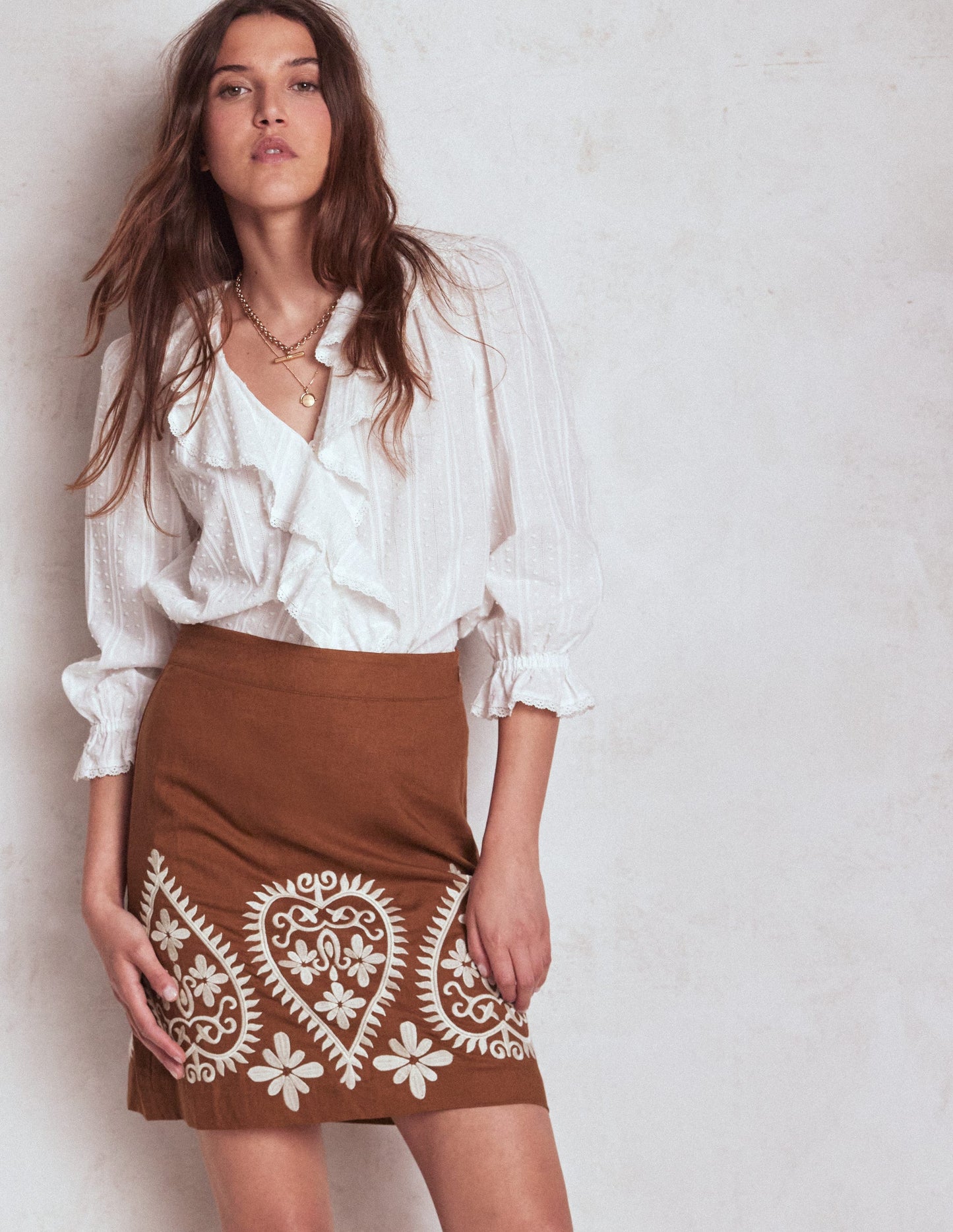Embroidered Linen Skirt-Russet Embroidery