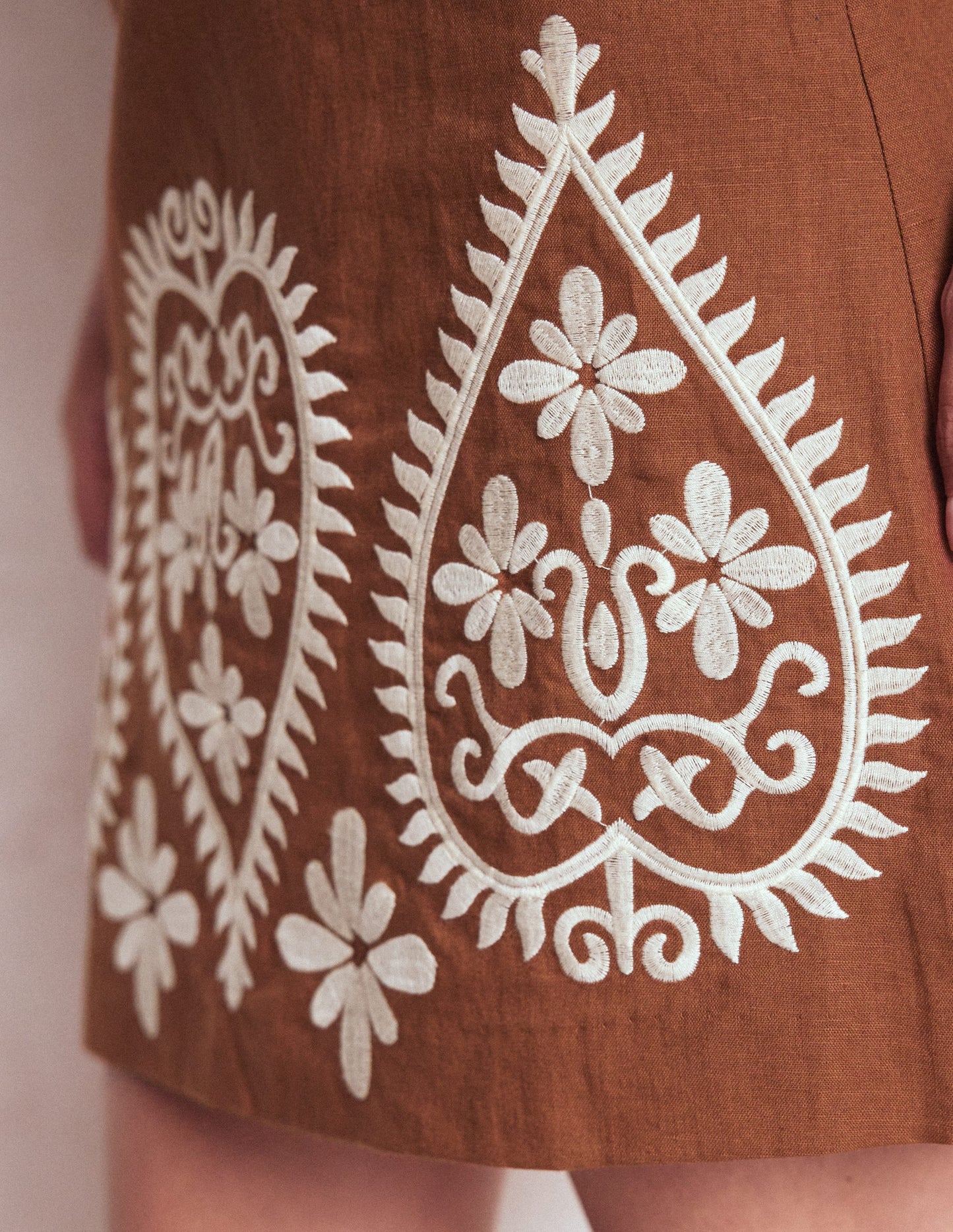 Embroidered Linen Skirt-Russet Embroidery