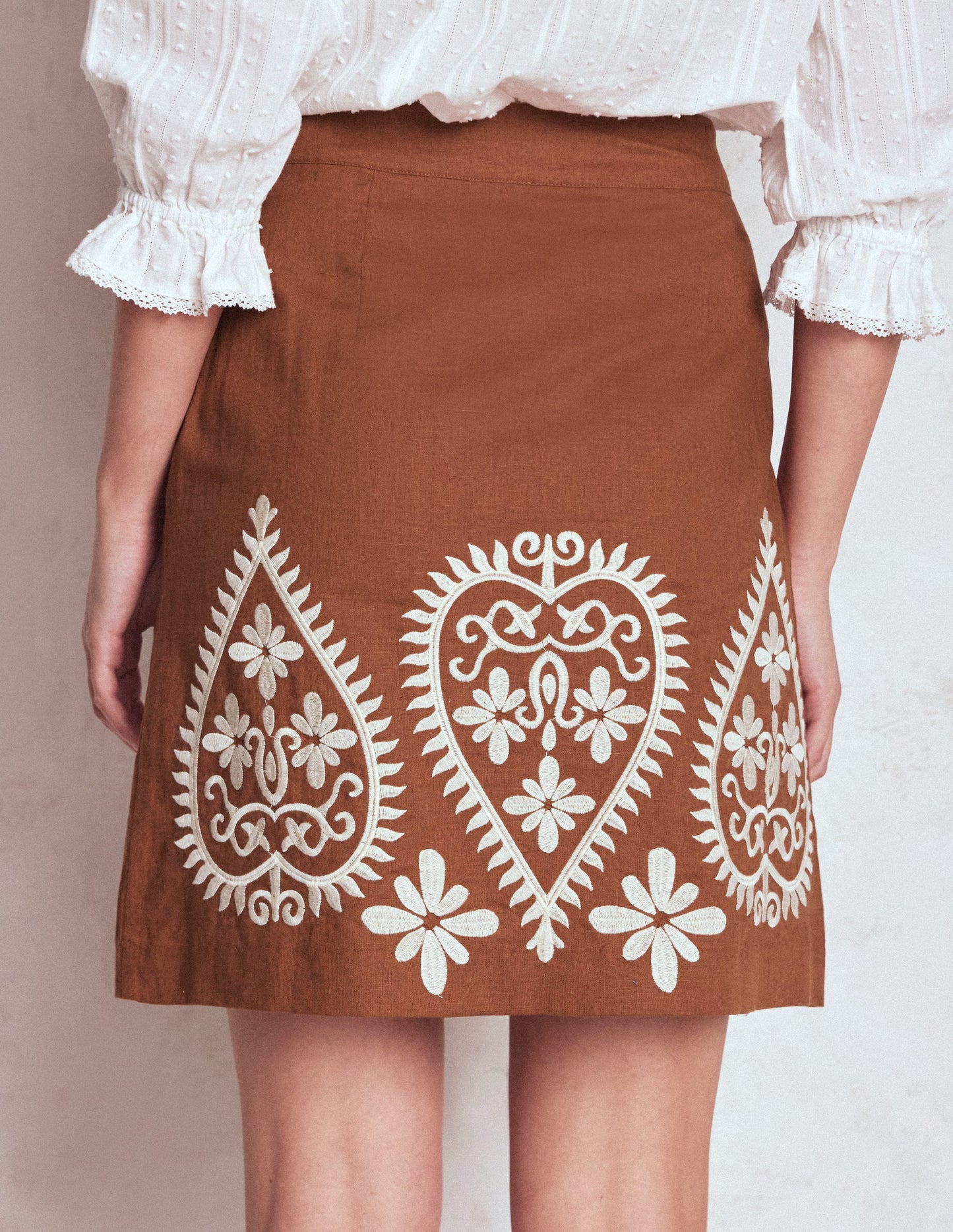 Embroidered Linen Skirt-Russet Embroidery