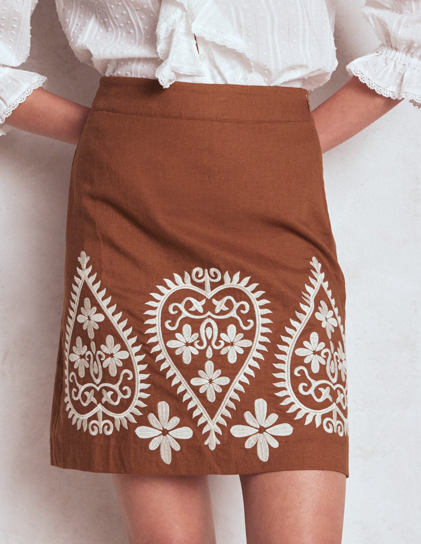 Embroidered Linen Skirt-Russet Embroidery
