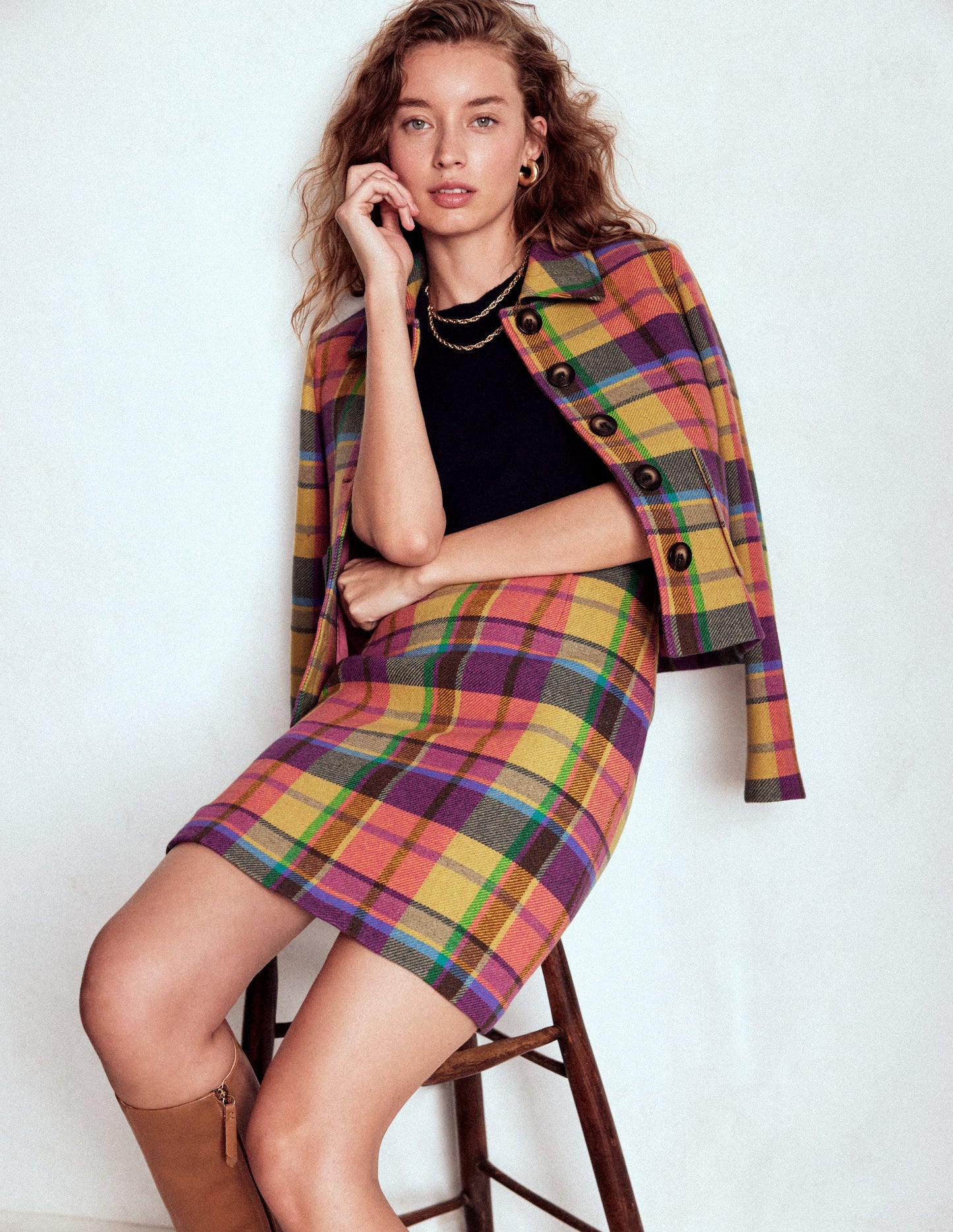 Gia Wool Short Skirt-PoppyRed and Pink Multigingham