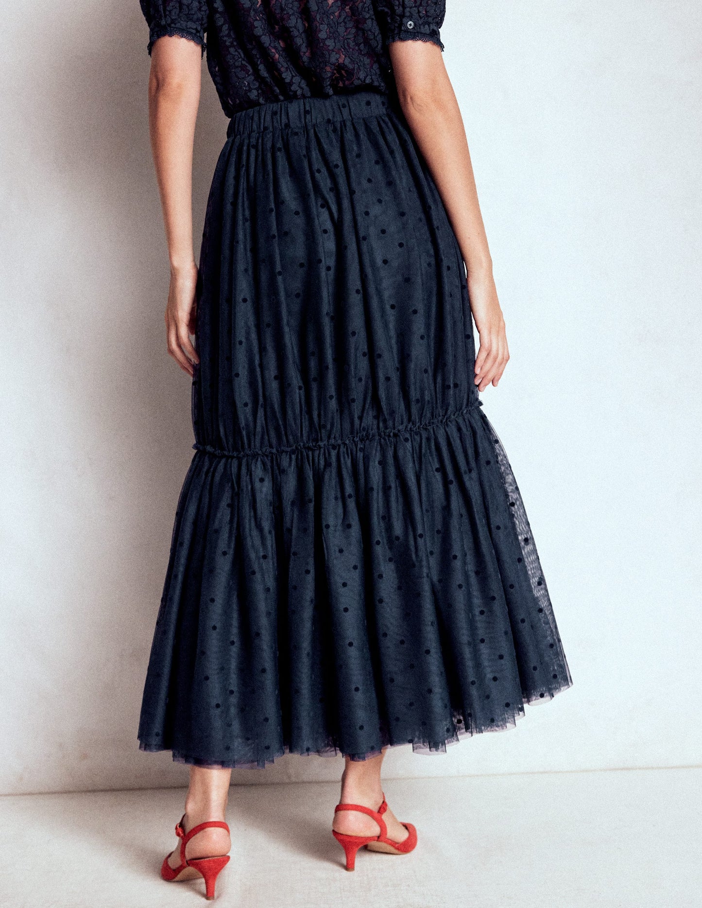 Anna Tulle Midi Skirt-Navy Flocked Spot