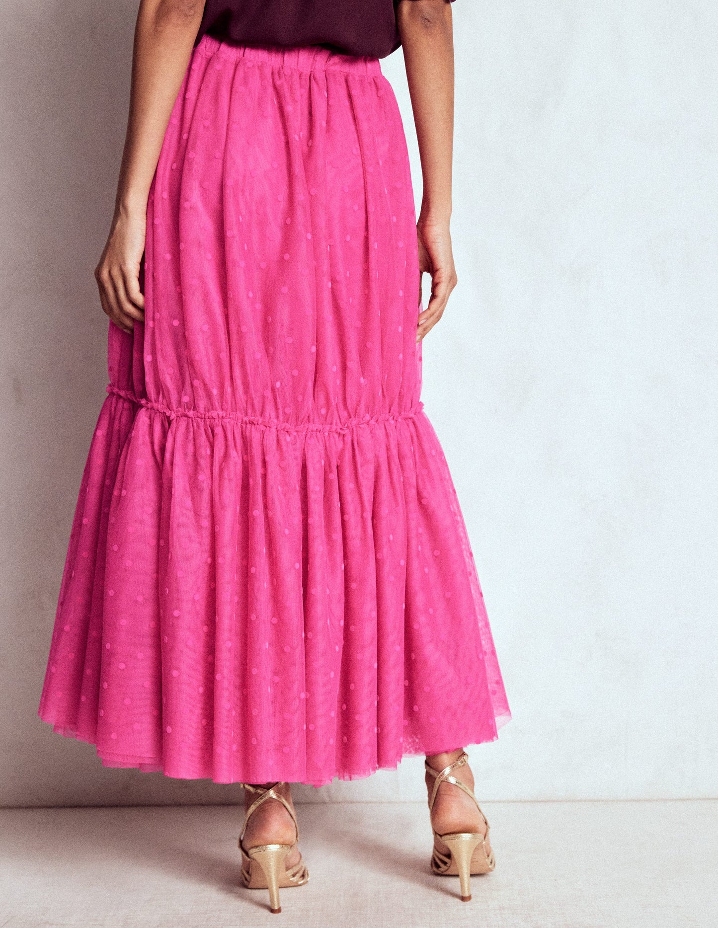 Anna Tulle Midi Skirt-Pink Flocked Spot