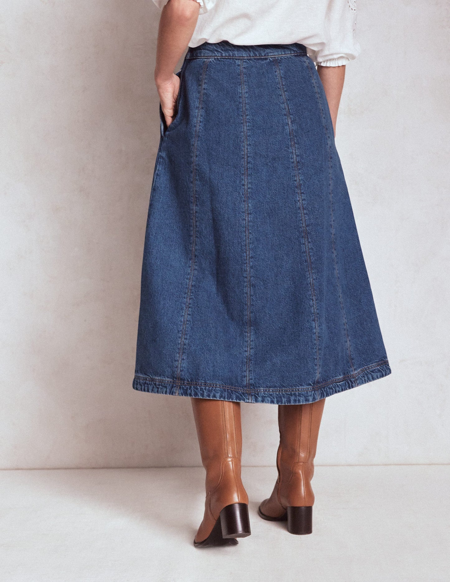 Joy Panelled Denim Skirt-Mid Wash