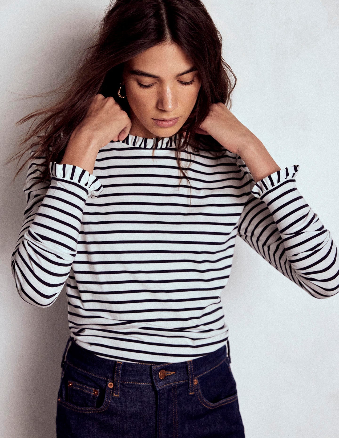 Supersoft Frill Detail Top - Ivory / Navy Stripe | Boden Global