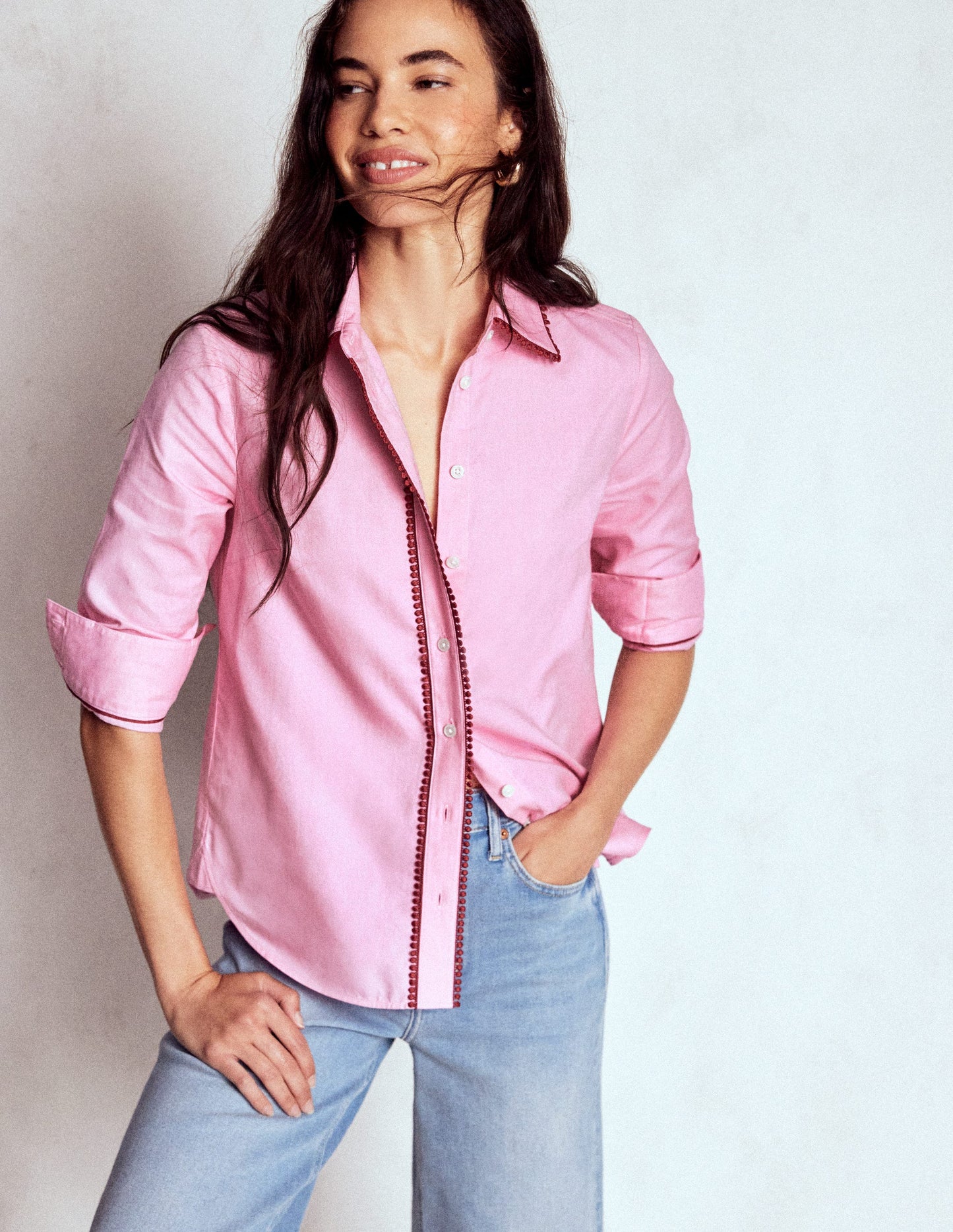 Sienna Interest Cotton Shirt-Pink, Pom Trim