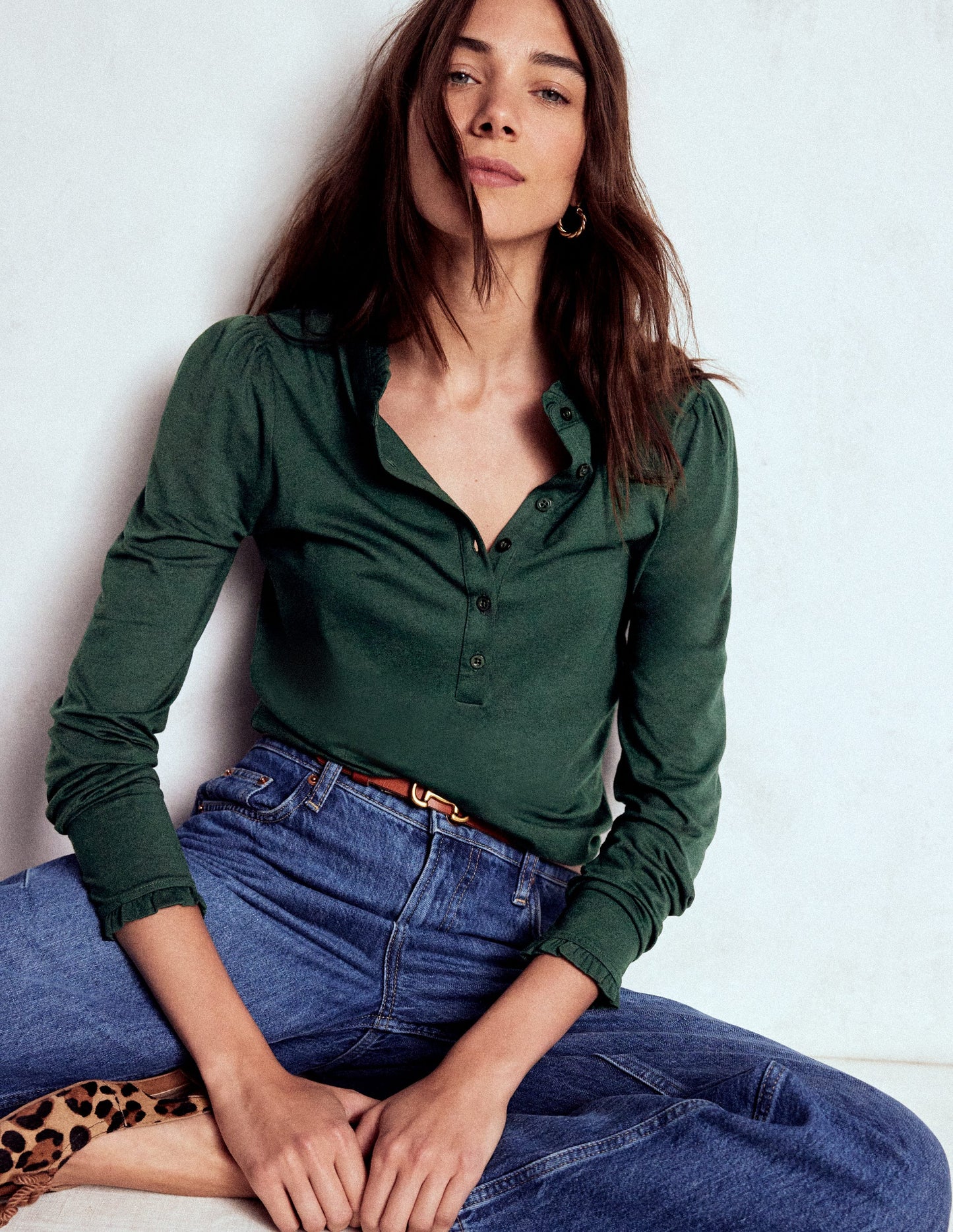 Supersoft Frill Henley Top-Green Pine