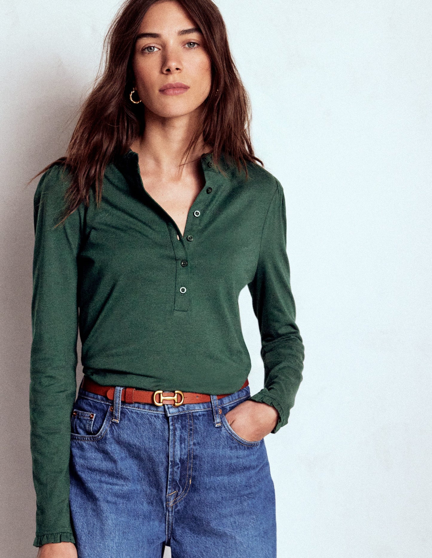 Supersoft Frill Henley Top-Green Pine