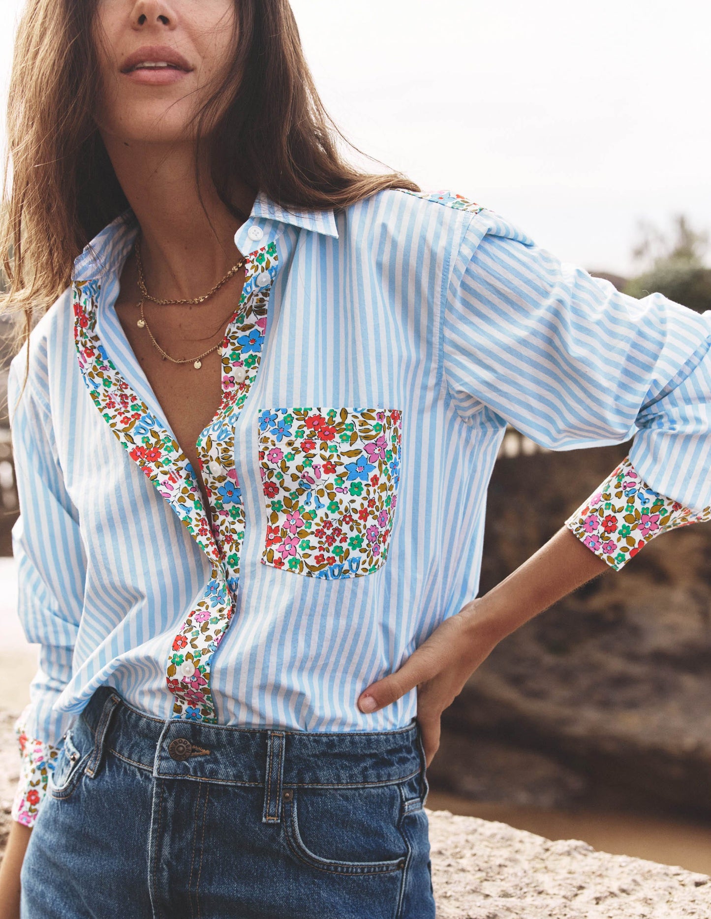 Sadie Relaxed Cotton Shirt-Blue Stripe, Flowerbed Hotch