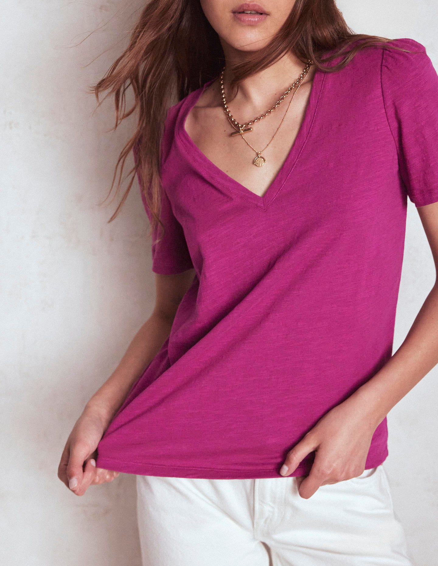 Short Sleeve V Neck T-shirt-Rich Magenta