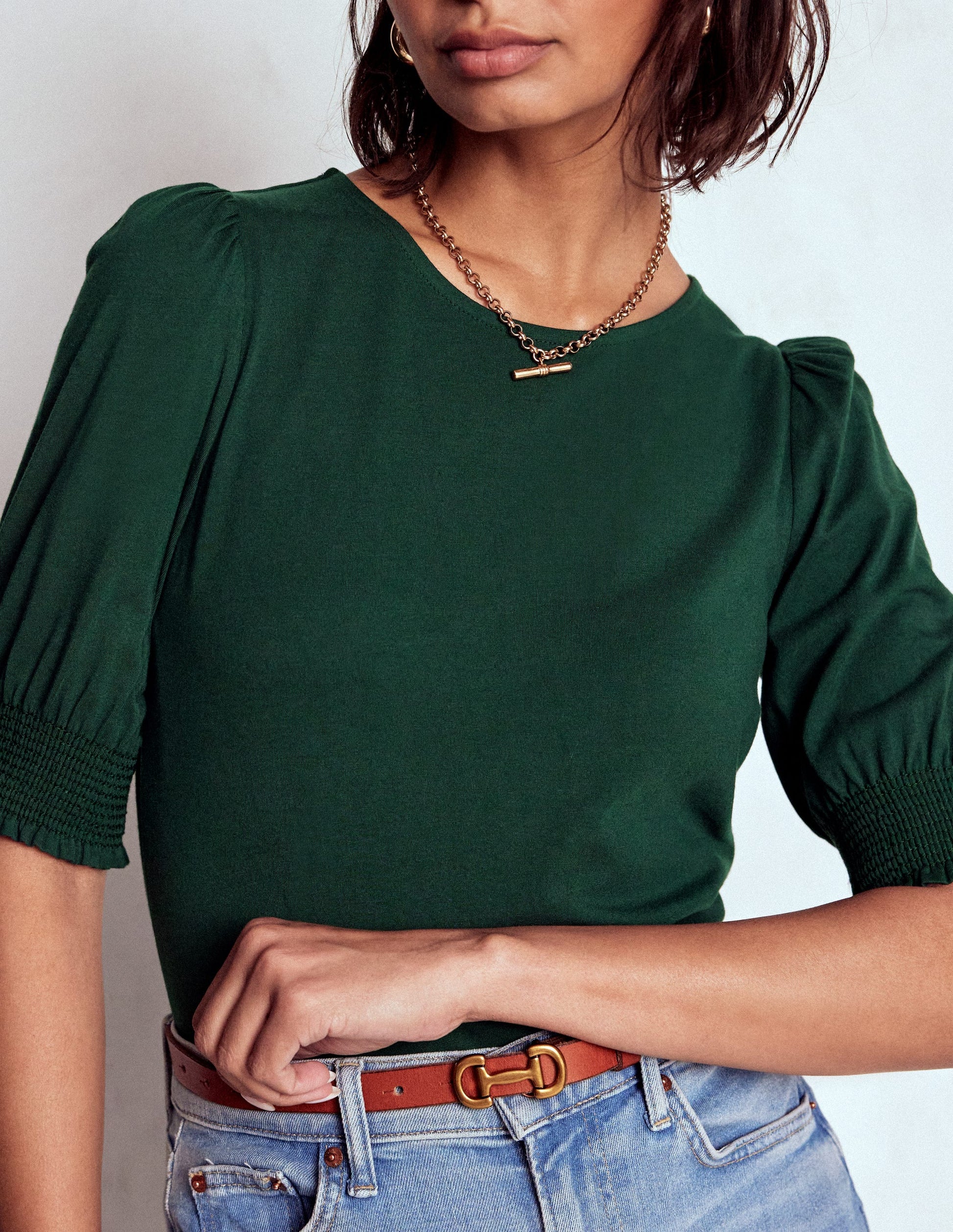 Short Sleeve Smocked Cuff Top-Green Pine-1