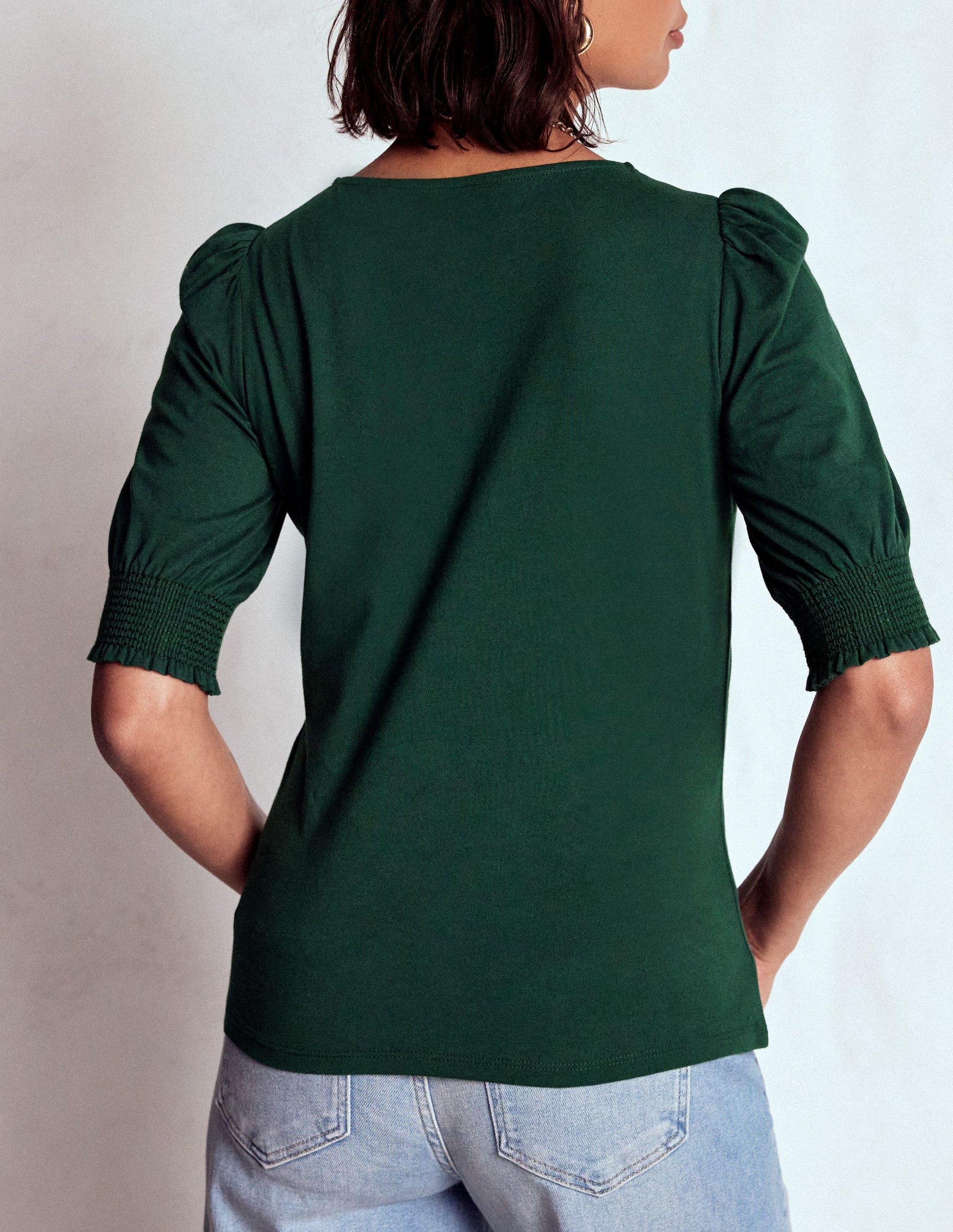 Short Sleeve Smocked Cuff Top-Green Pine-3