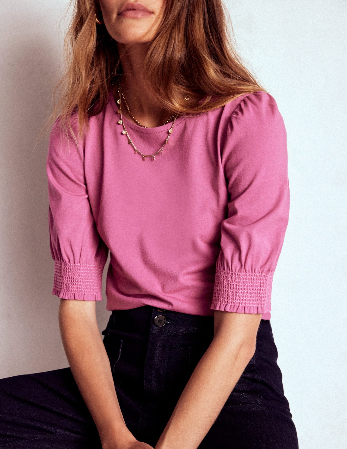 Short Sleeve Smocked Cuff Top-Purple Damson