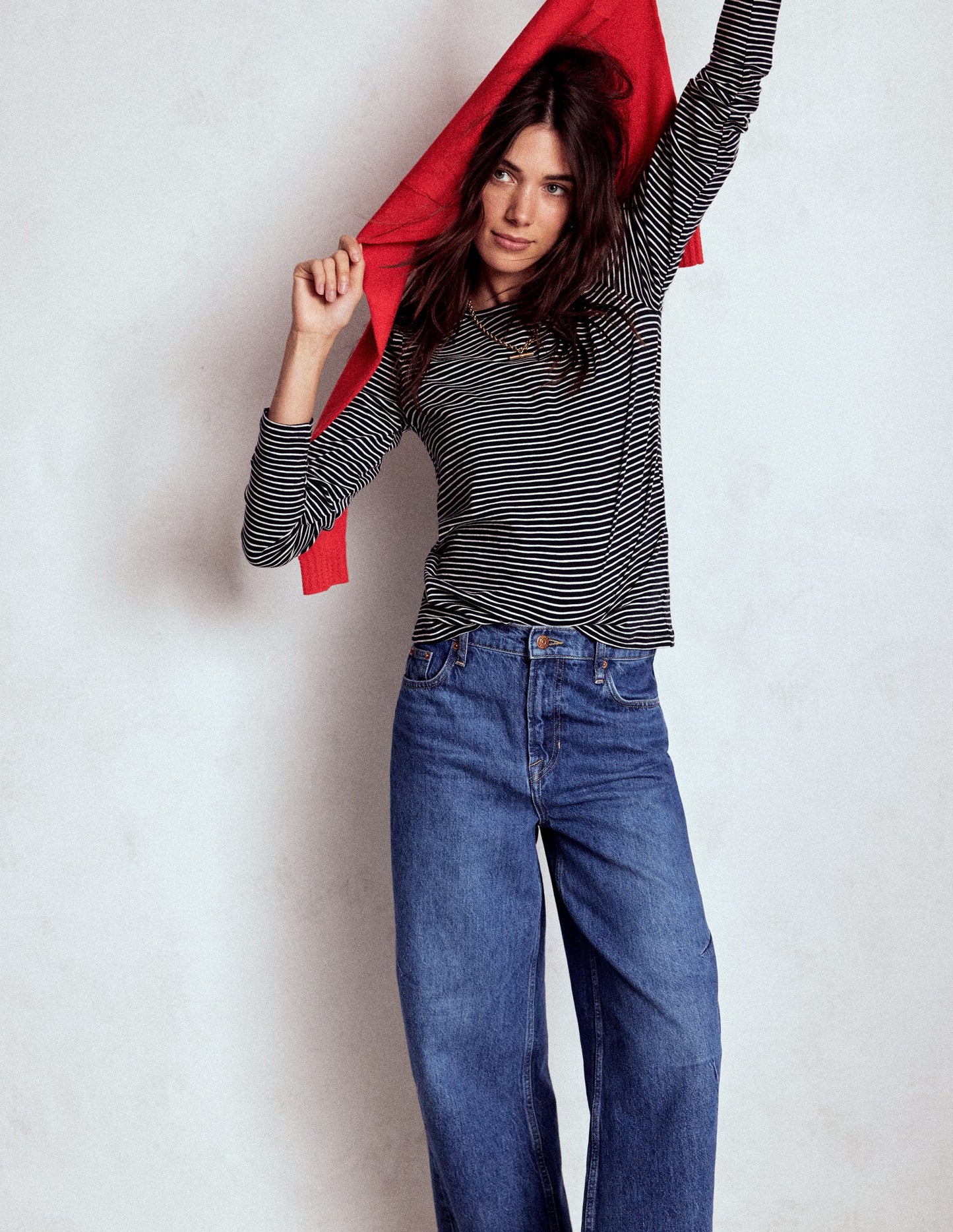 Cotton Crew Long Sleeve Top-Navy, Ivory Stripe