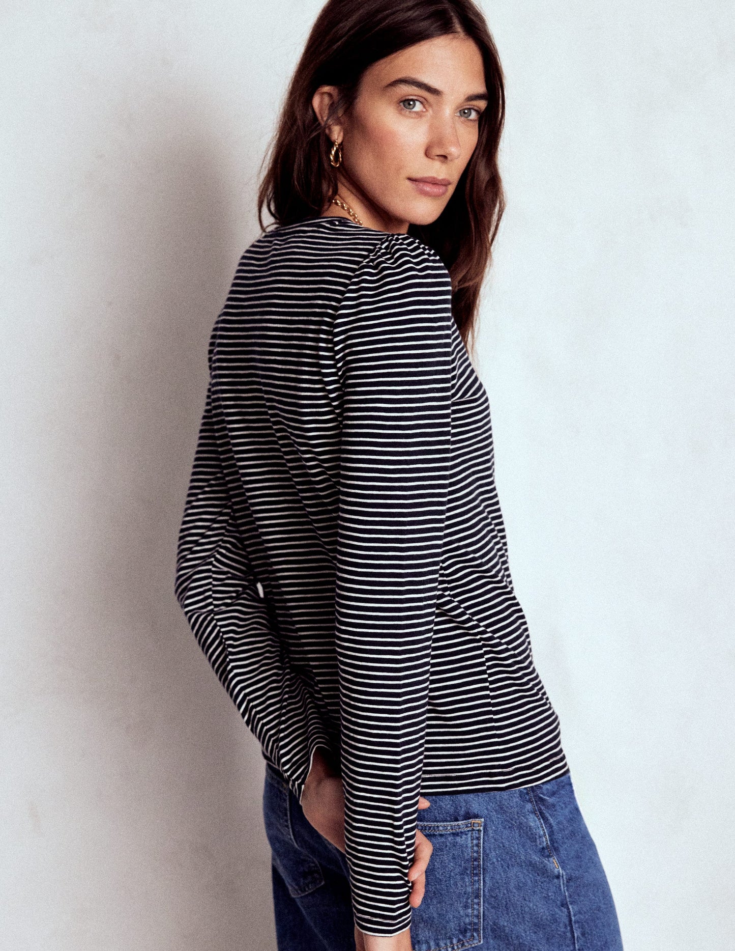 Cotton Crew Long Sleeve Top-Navy, Ivory Stripe