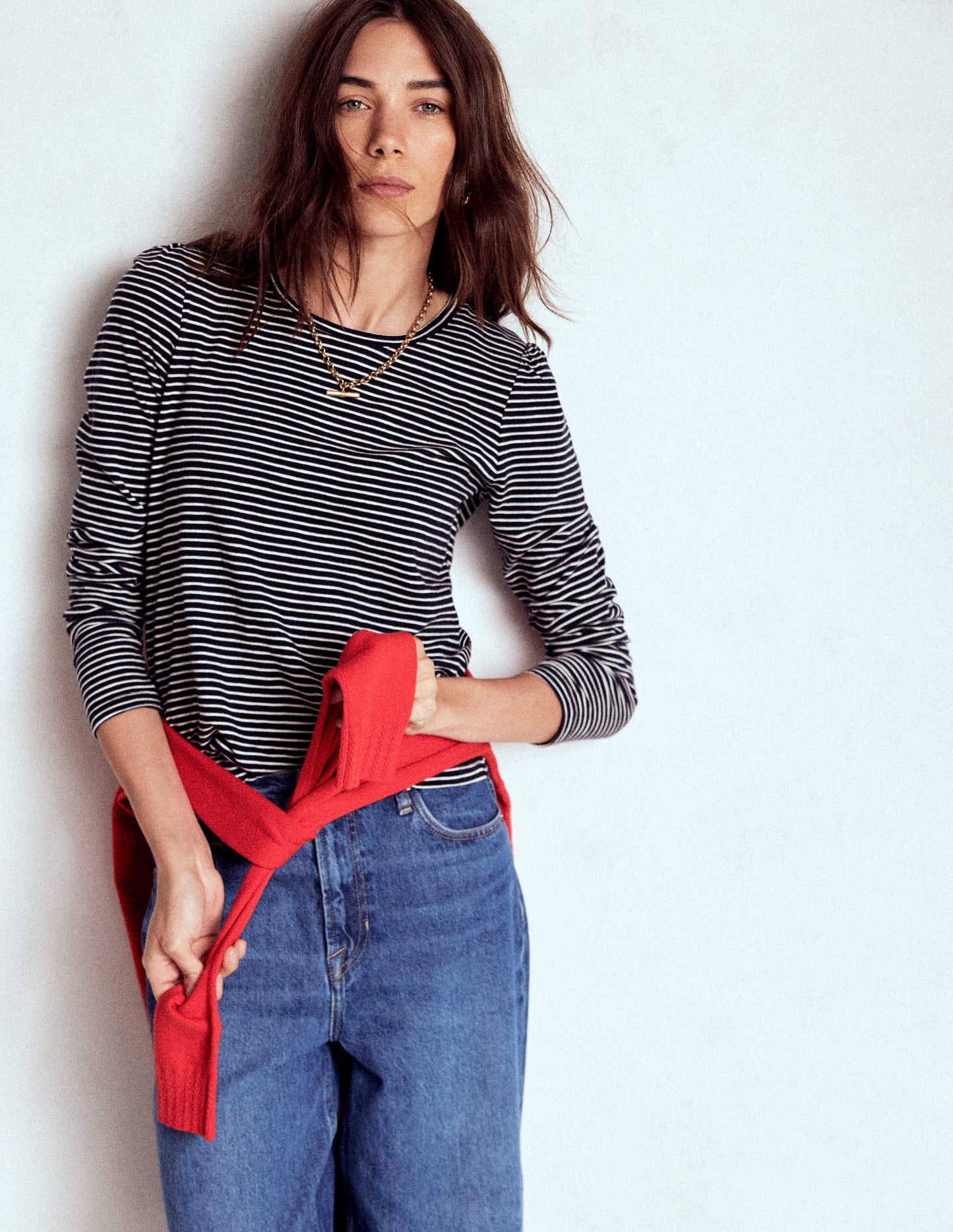 Cotton Crew Long Sleeve Top-Navy, Ivory Stripe