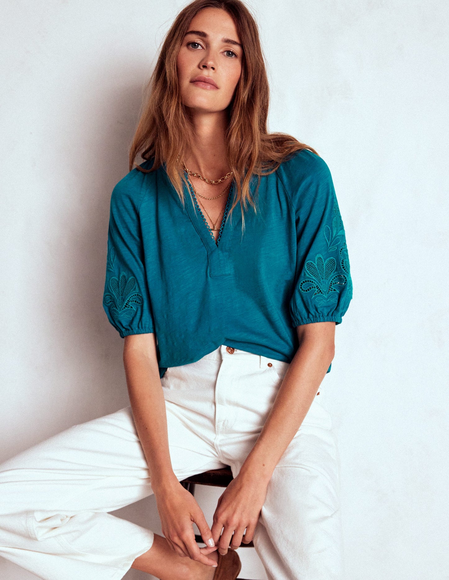 Cutwork Notch Neck Top-Deep Sea Green