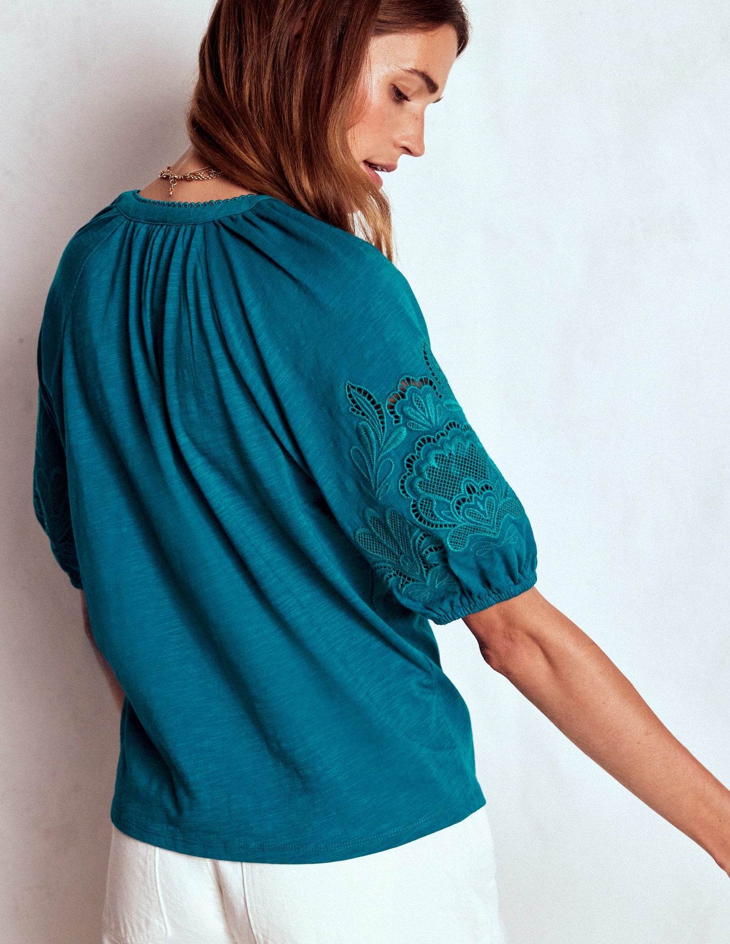 Cutwork Notch Neck Top-Deep Sea Green