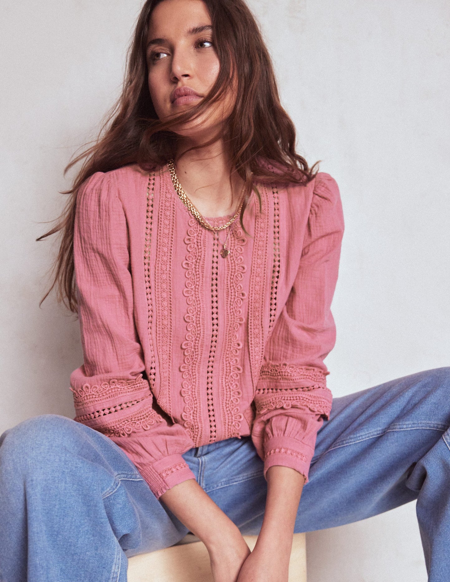 Trim Interest Double Cloth Top-Pink Heather