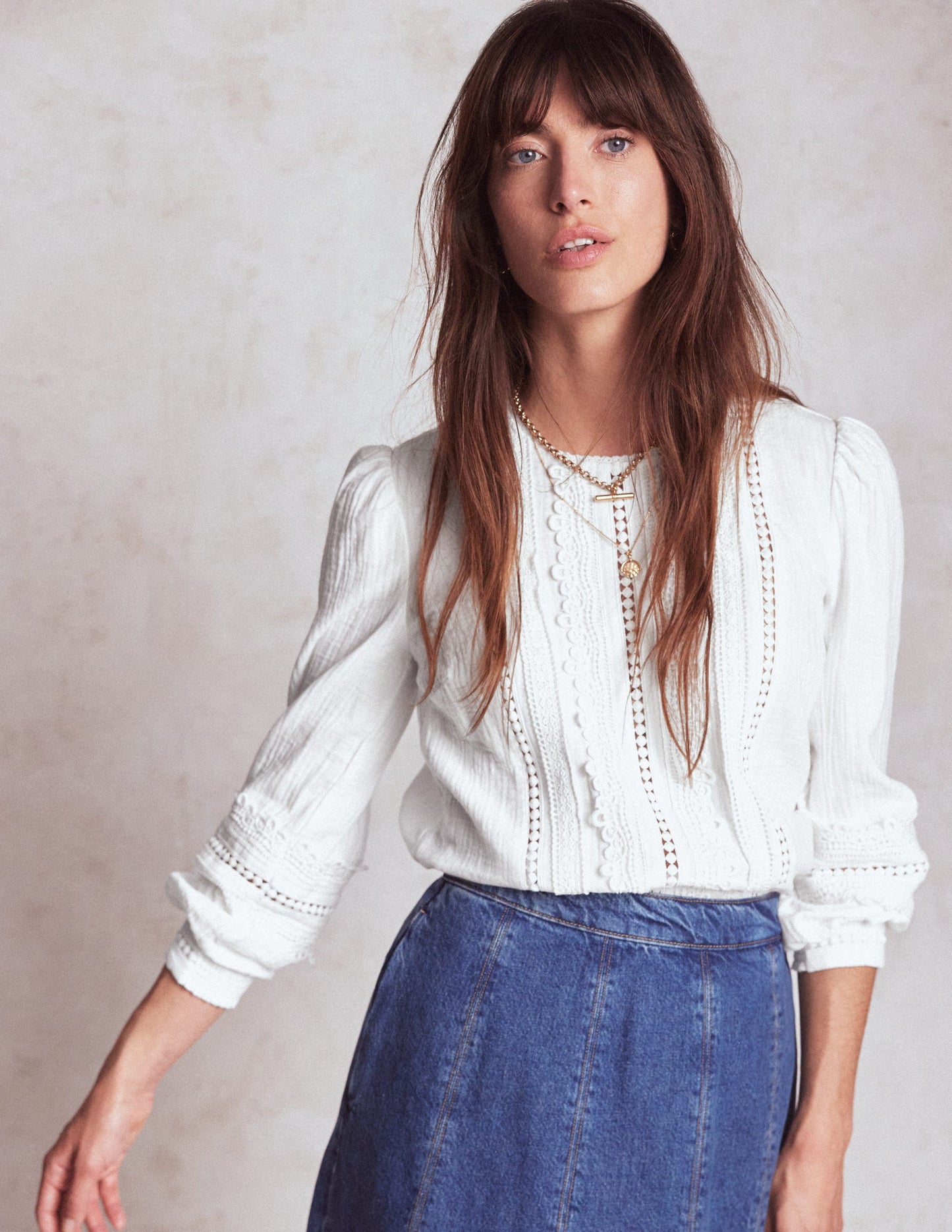 Trim Interest Double Cloth Top-White