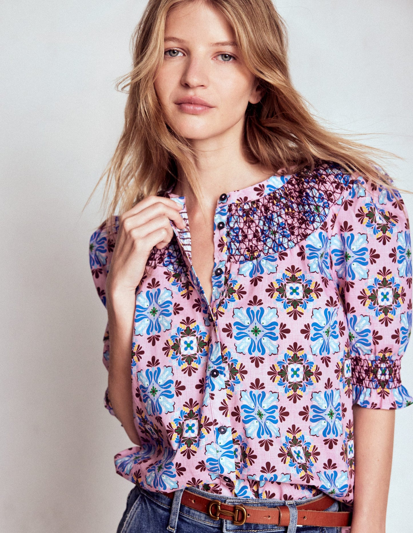 Effie Short Sleeve Top-Formica Pink, Bloom Mosaic