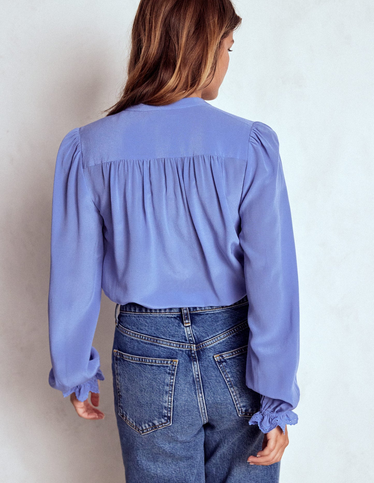 Alice Frill Front Silk Top-Soft Blue Broderie