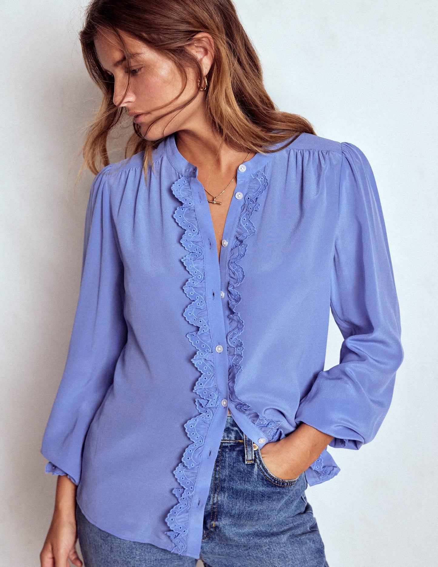 Alice Frill Front Silk Top-Soft Blue Broderie