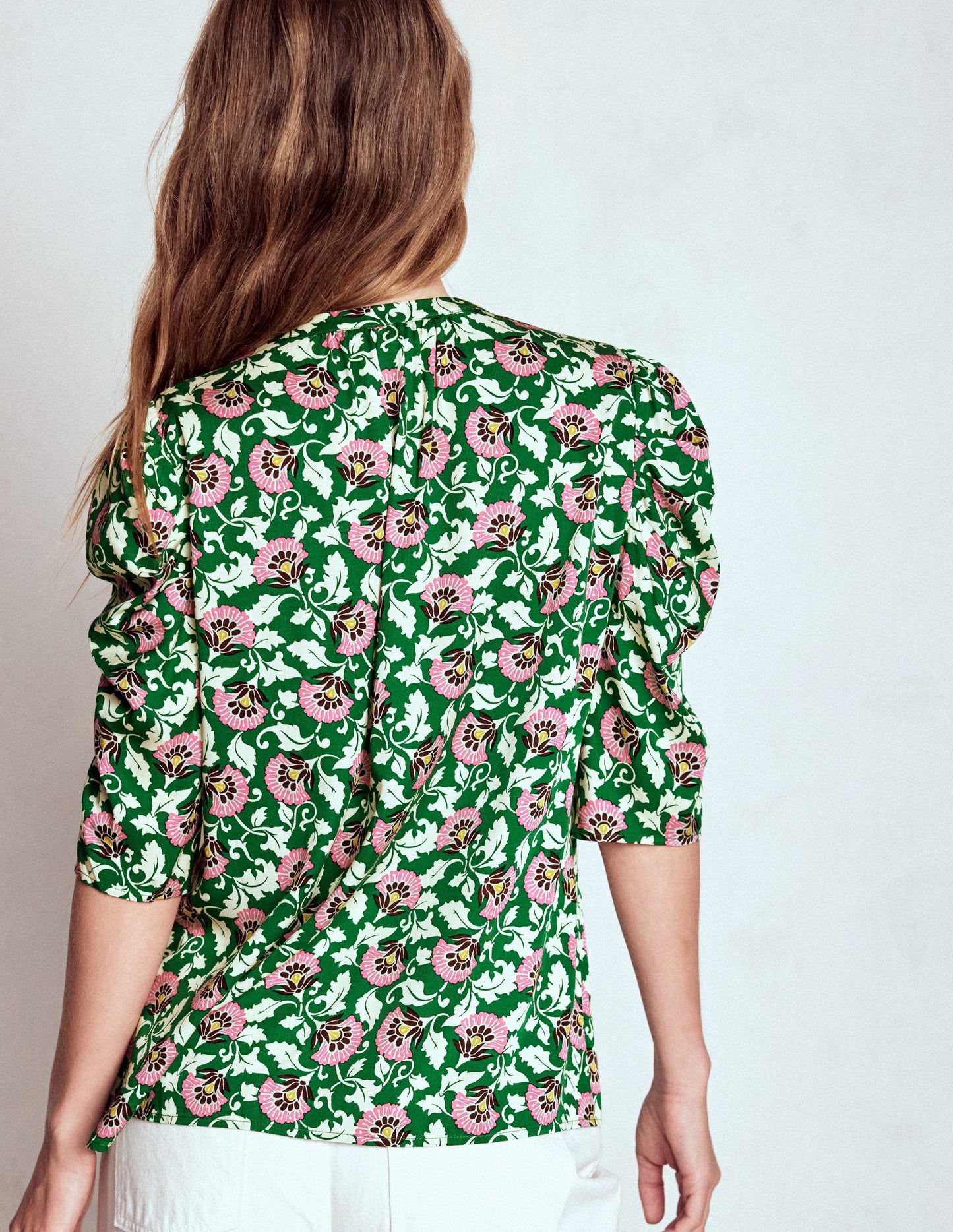 Mutton Sleeve Smart Top-Rich Emerald, Ornate Vine