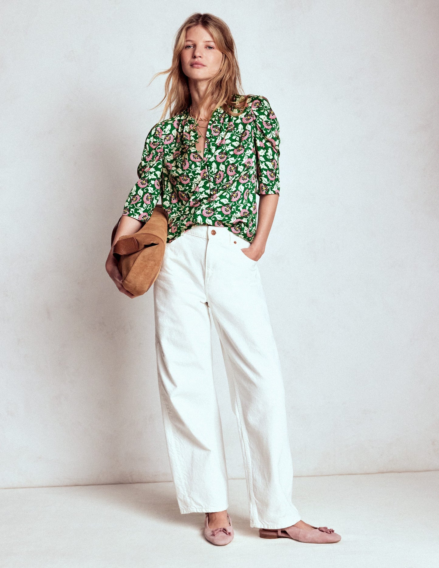 Mutton Sleeve Smart Top-Rich Emerald, Ornate Vine
