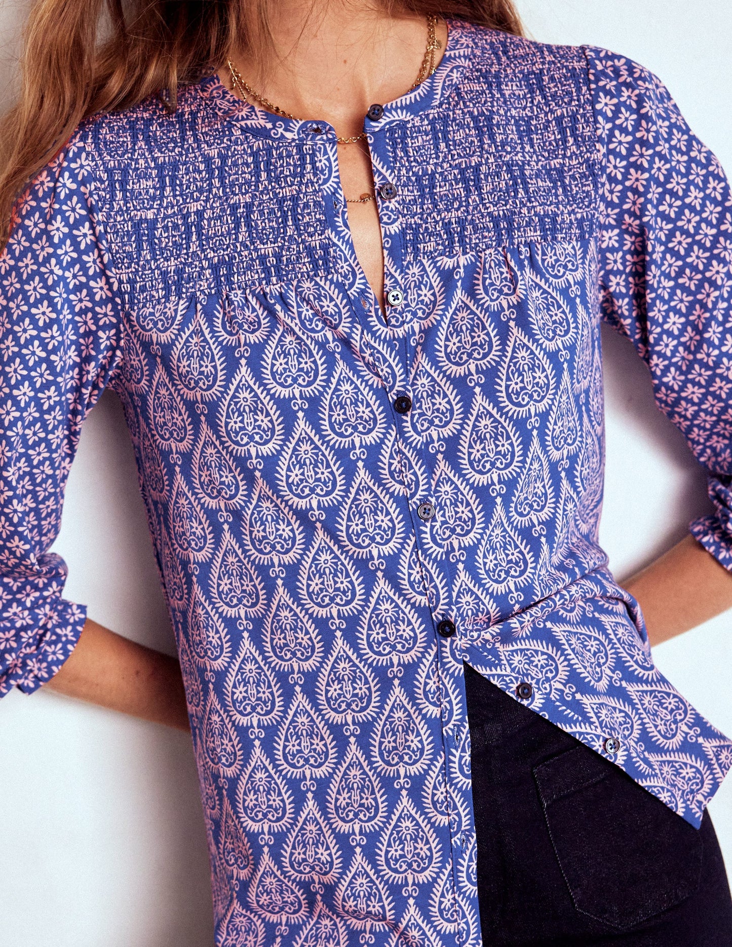 Elsa Smocked Yoke Jersey Shirt-Bright Blue, Ornate Geo