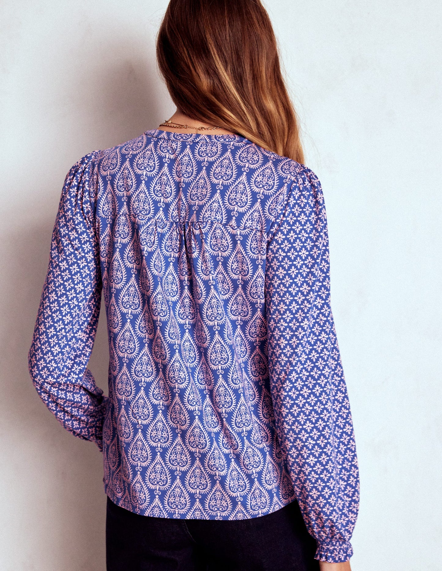 Elsa Smocked Yoke Jersey Shirt-Bright Blue, Ornate Geo