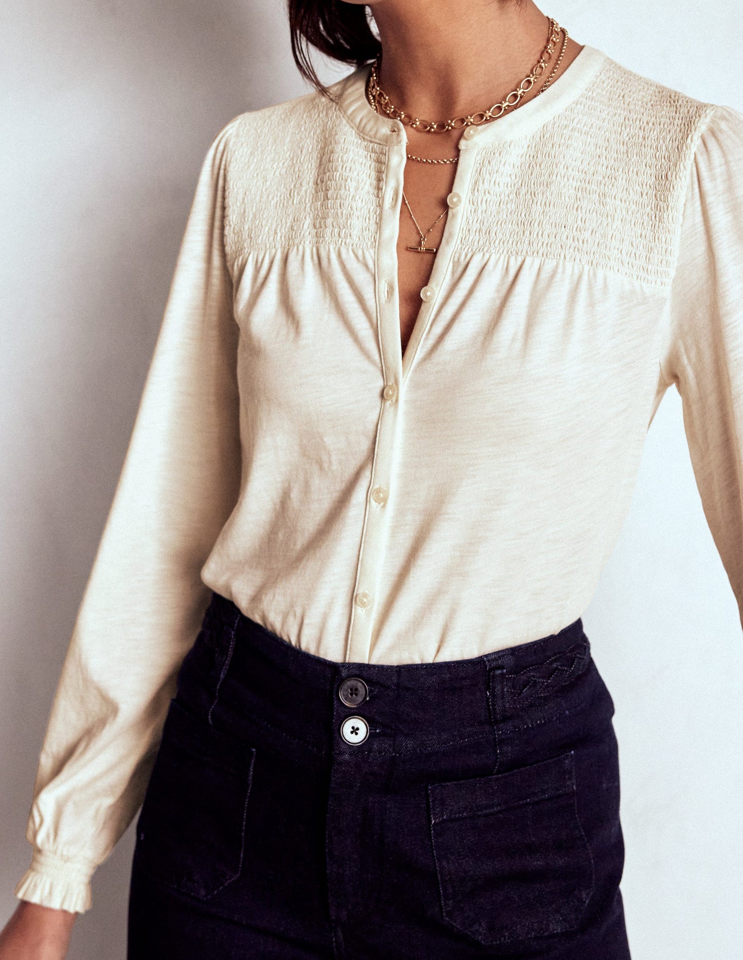 Elsa Smocked Yoke Jersey Shirt-Ivory