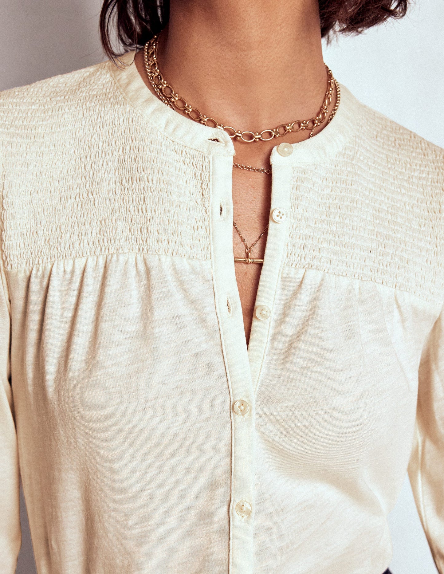 Elsa Smocked Yoke Jersey Shirt-Ivory