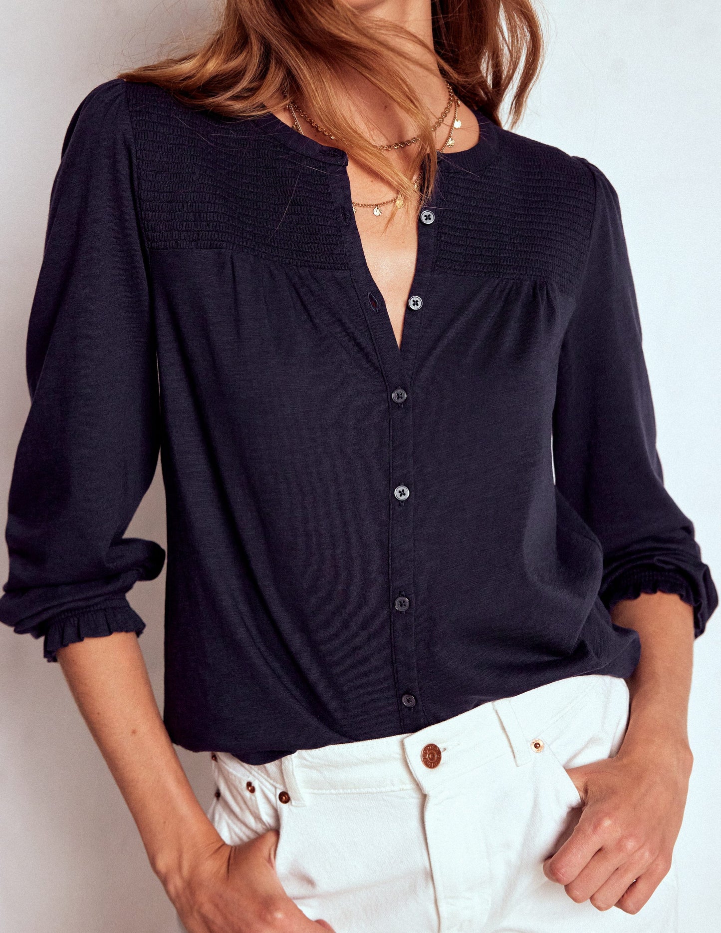 Elsa Smocked Yoke Jersey Shirt-Navy