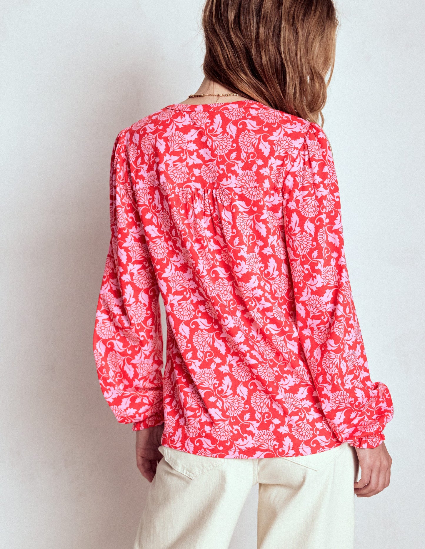 Elsa Smocked Yoke Jersey Shirt-Poppy Red, Ornate Vine