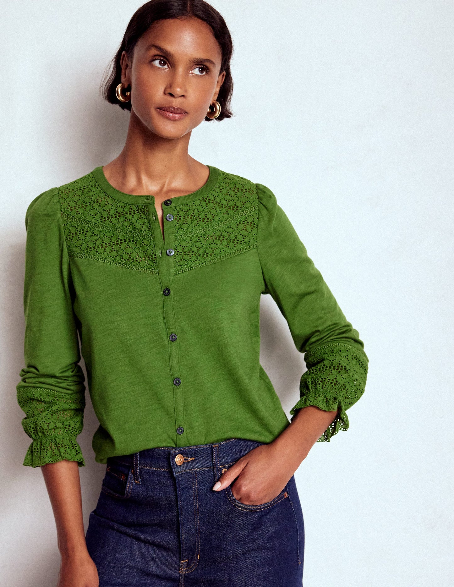 Pippa Broderie Jersey Shirt-Promenade Green
