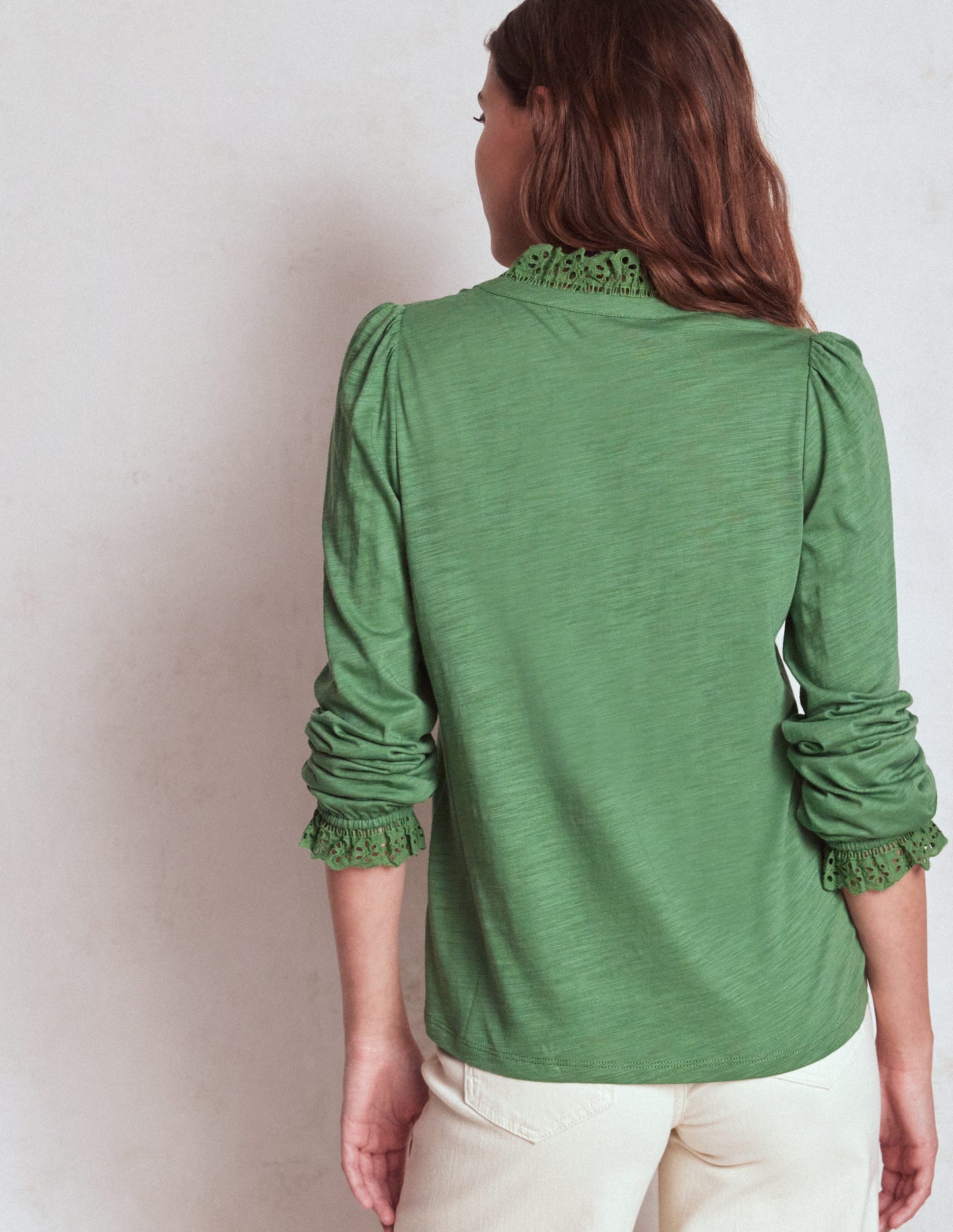 Aria Broderie Notch Neck Top-Newt Green