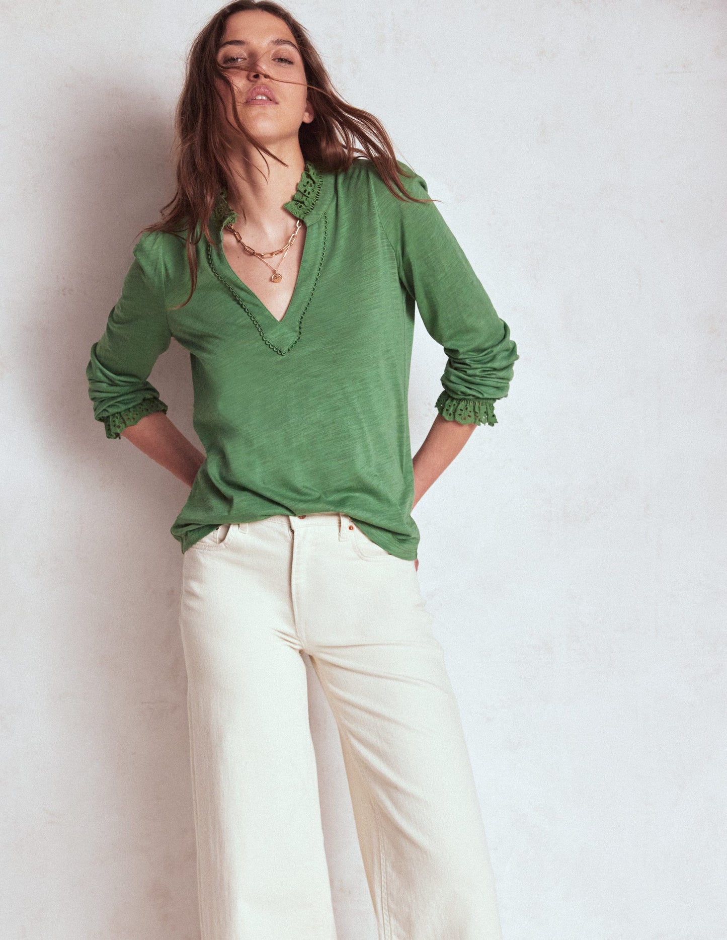 Aria Broderie Notch Neck Top-Newt Green