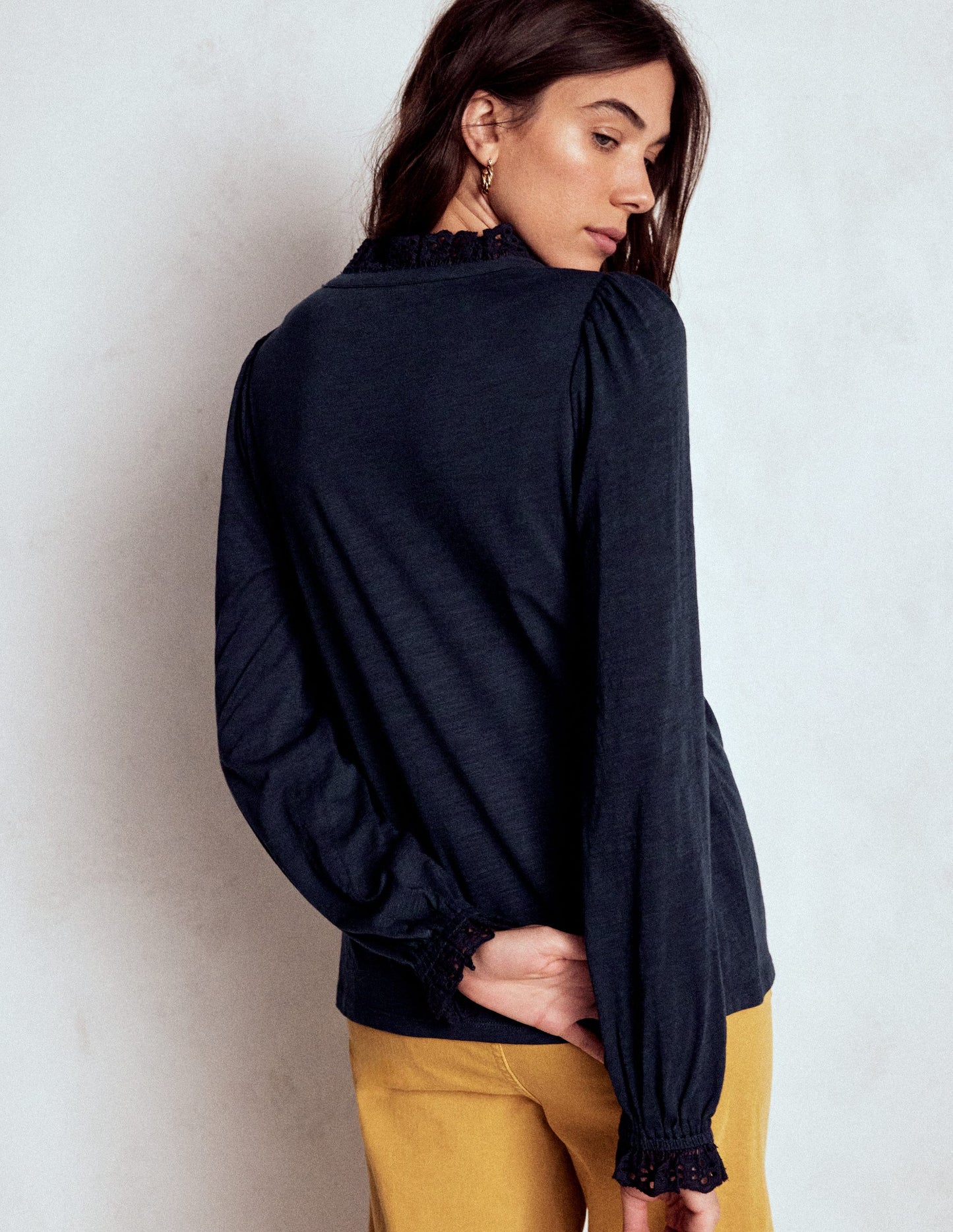 Aria Broderie Notch Neck Top-Navy