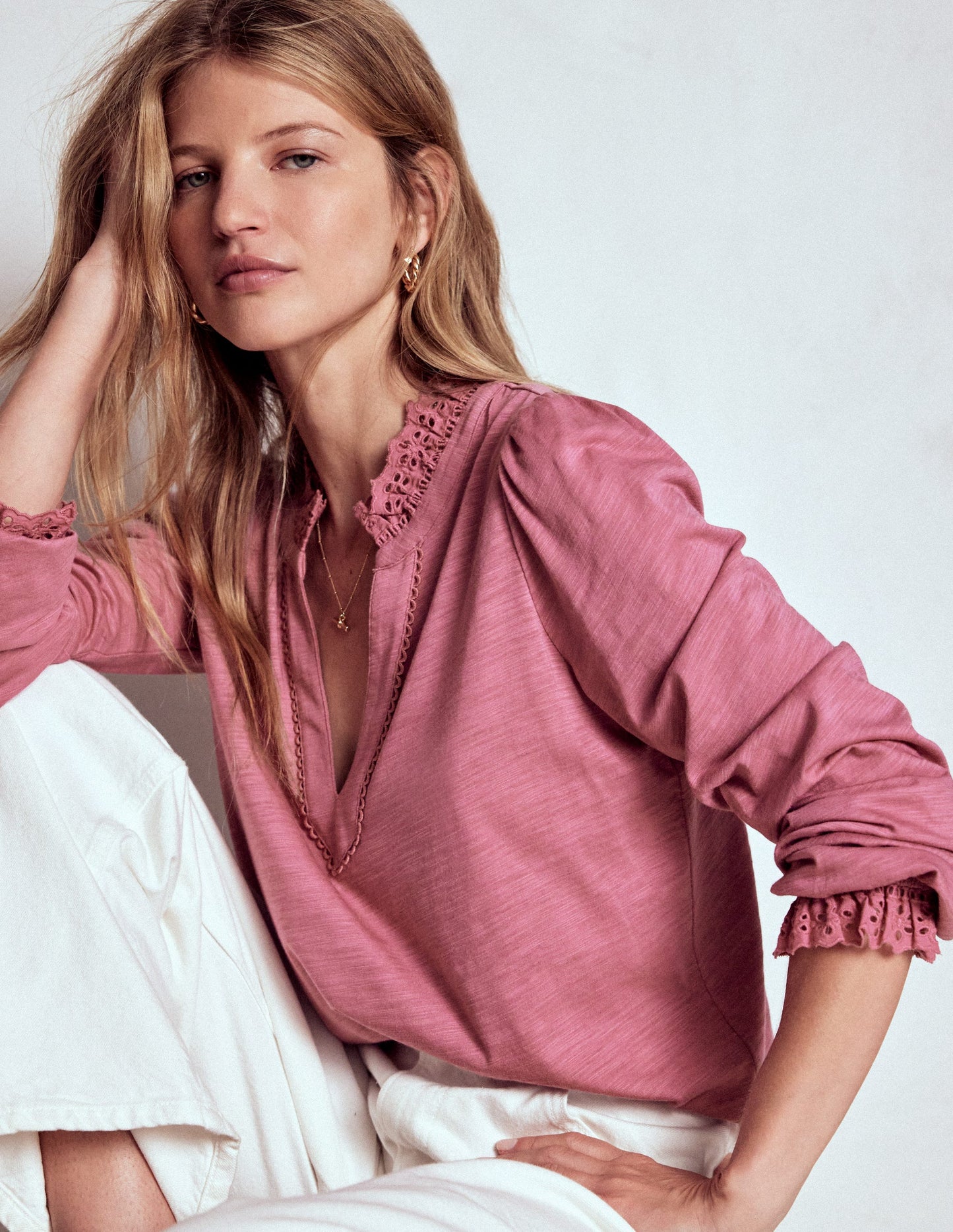 Aria Broderie Notch Neck Top-Pink Heather