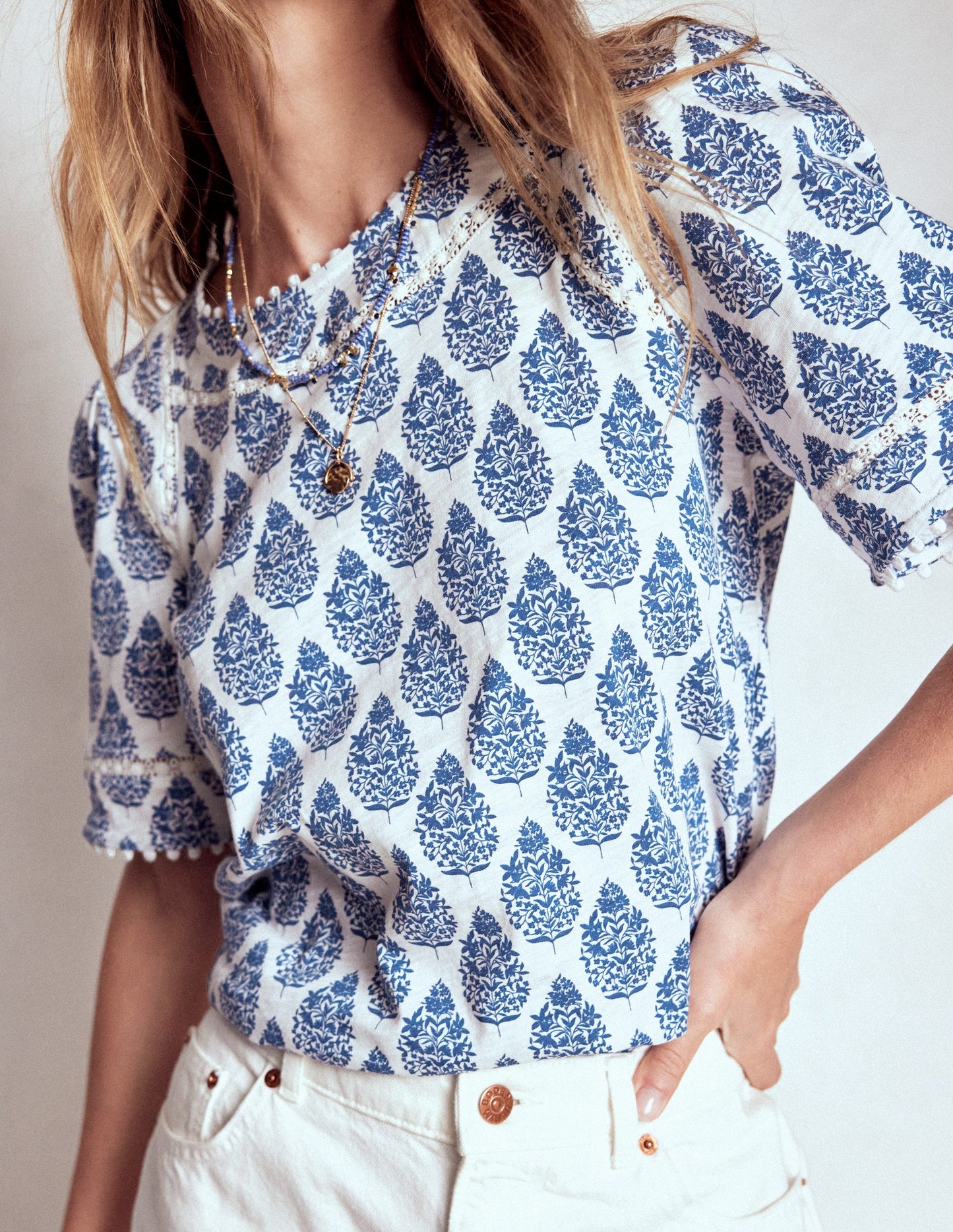 Mila Lace Trim Top-Denim Blue, Wildflower Bouquet