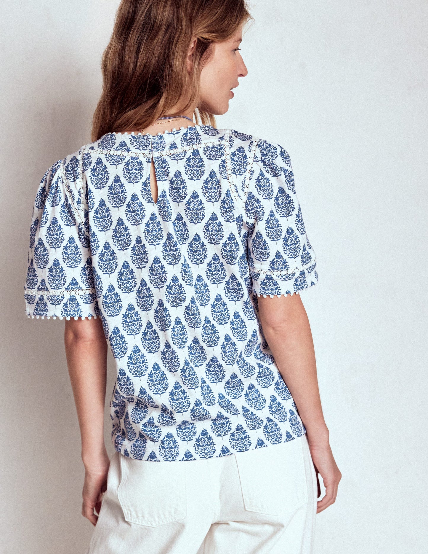 Mila Lace Trim Top-Denim Blue, Wildflower Bouquet