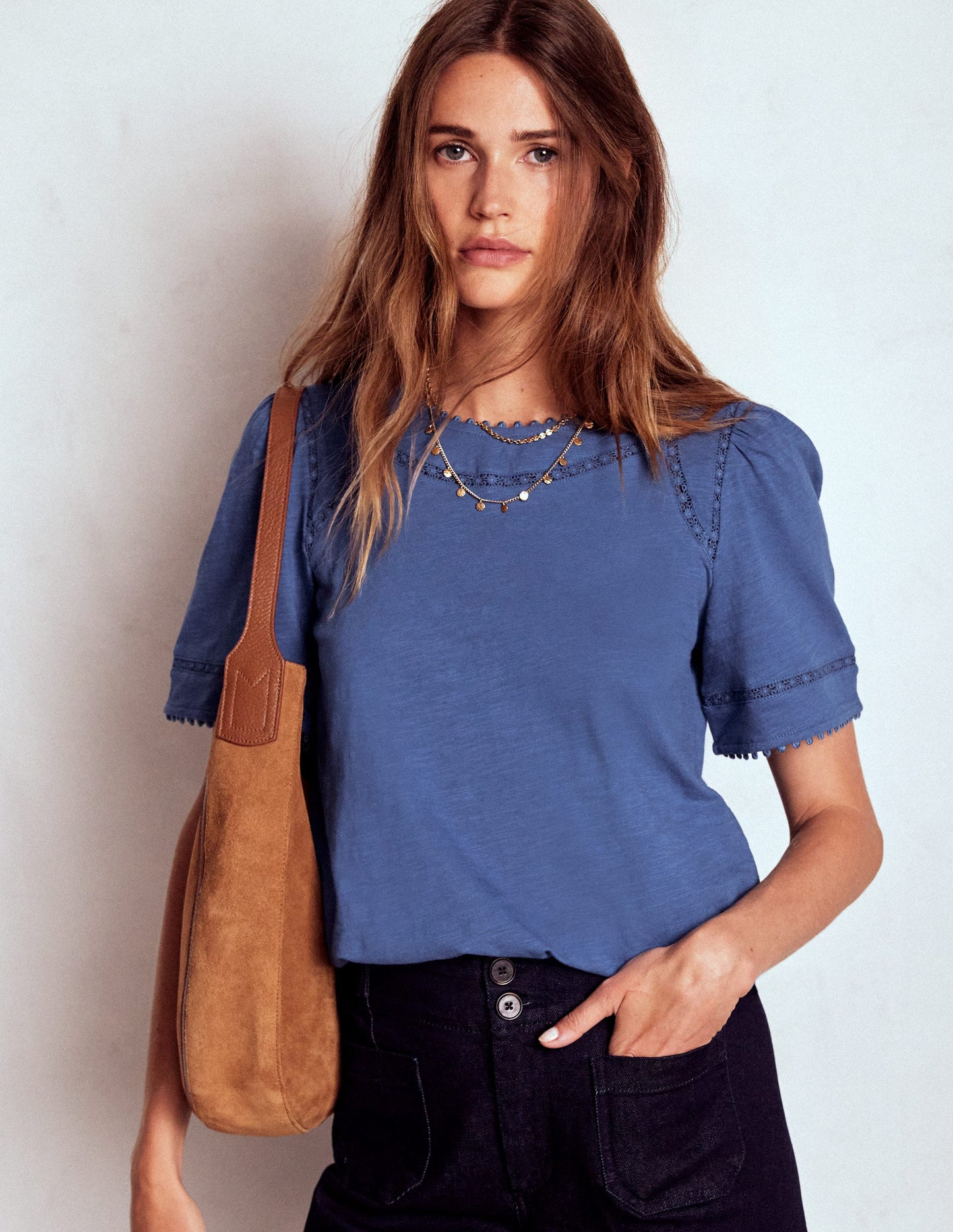 Mila Lace Trim Top-Denim Blue