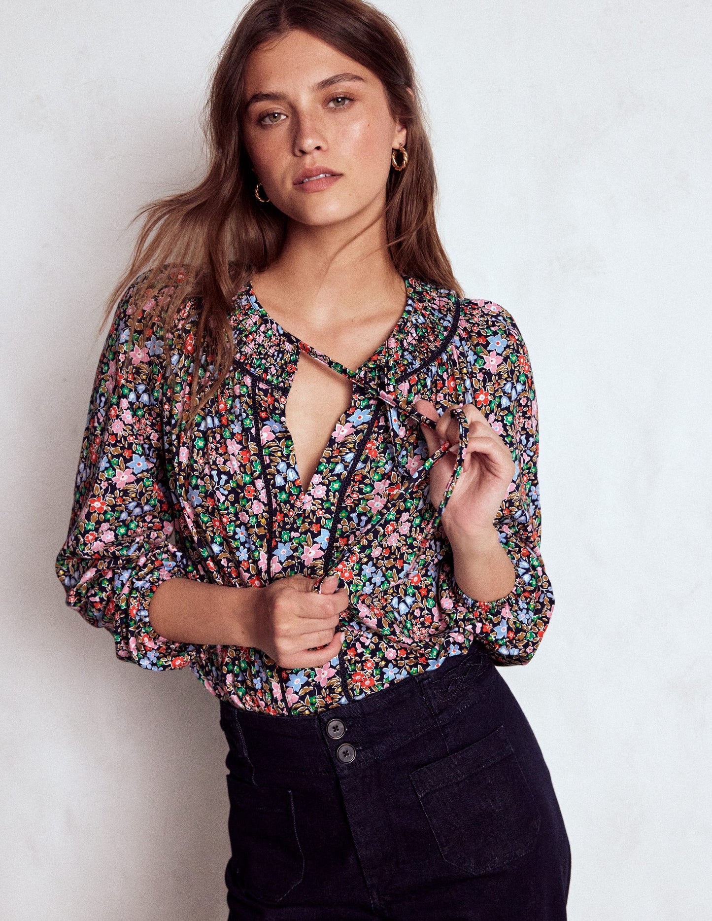 Georgia Smocked Jersey Top-Navy and Multi, Flowerbed